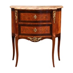 Early 20th Century French Louis XV Carved Walnut Inlay Commode with Beige Marble