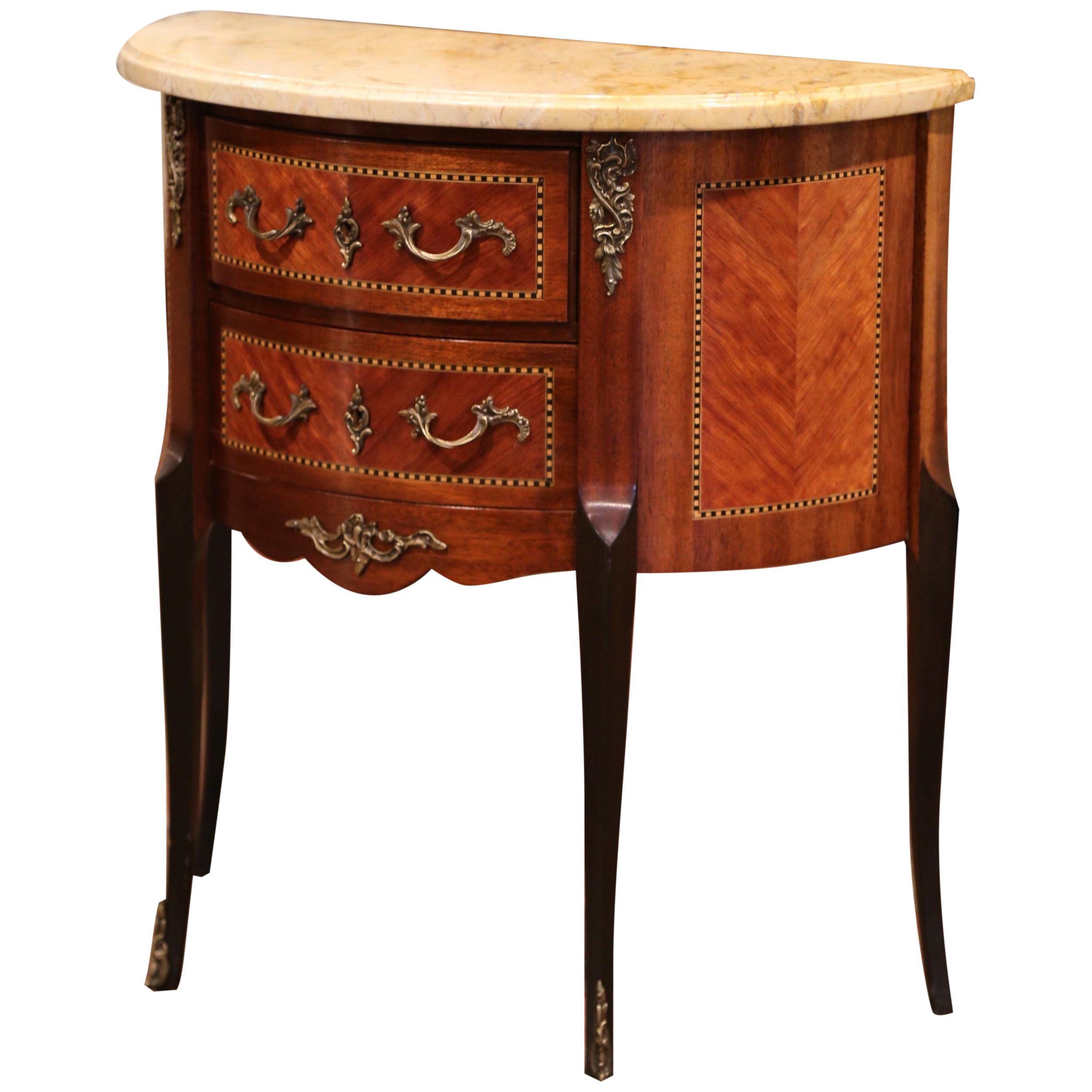 Early 20th Century French Louis XV Carved Walnut Inlay Commode with Beige Marble
