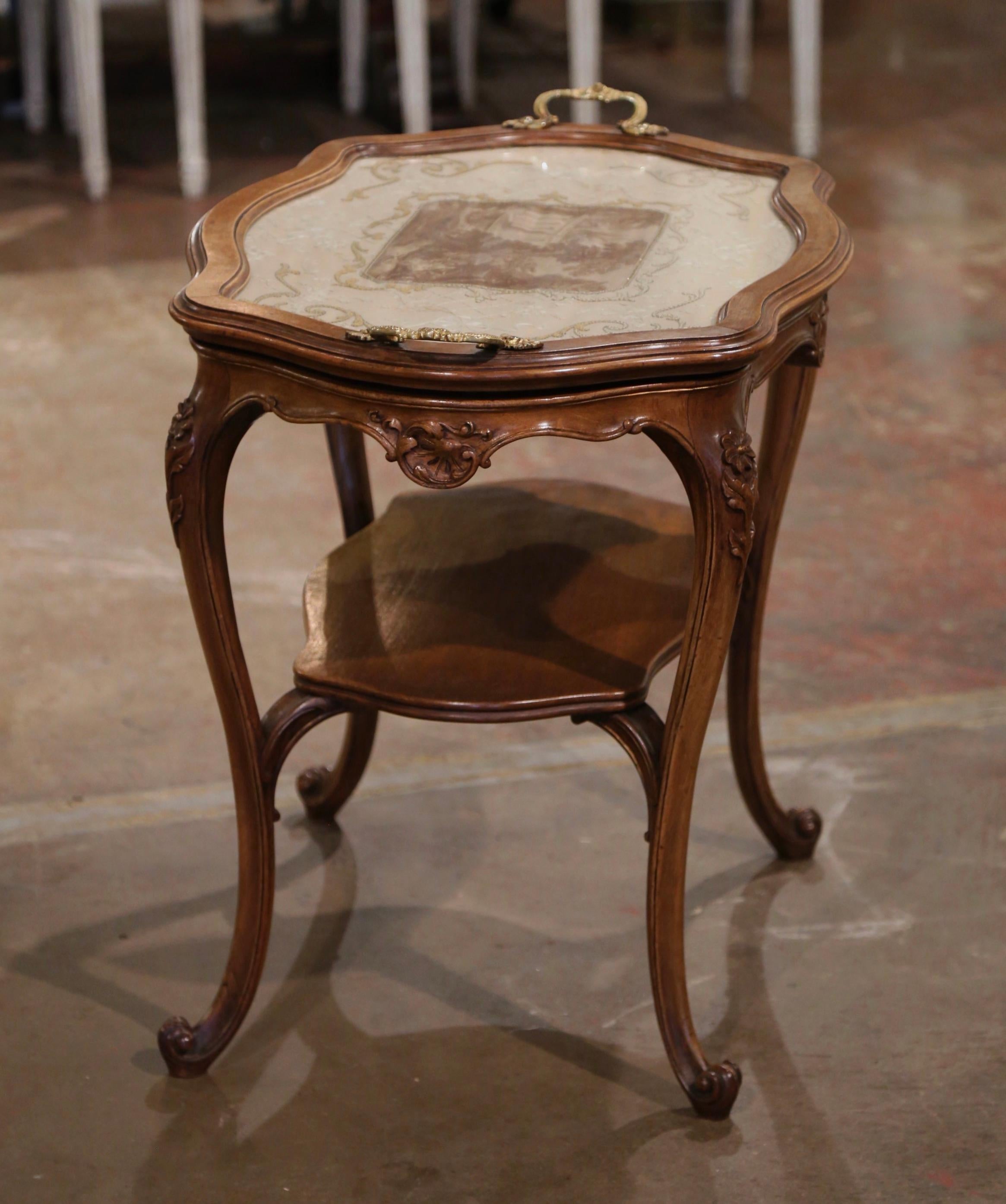 Hand-Carved Early 20th Century, French, Louis XV Carved Walnut, Silk and Glass Tea Table For Sale