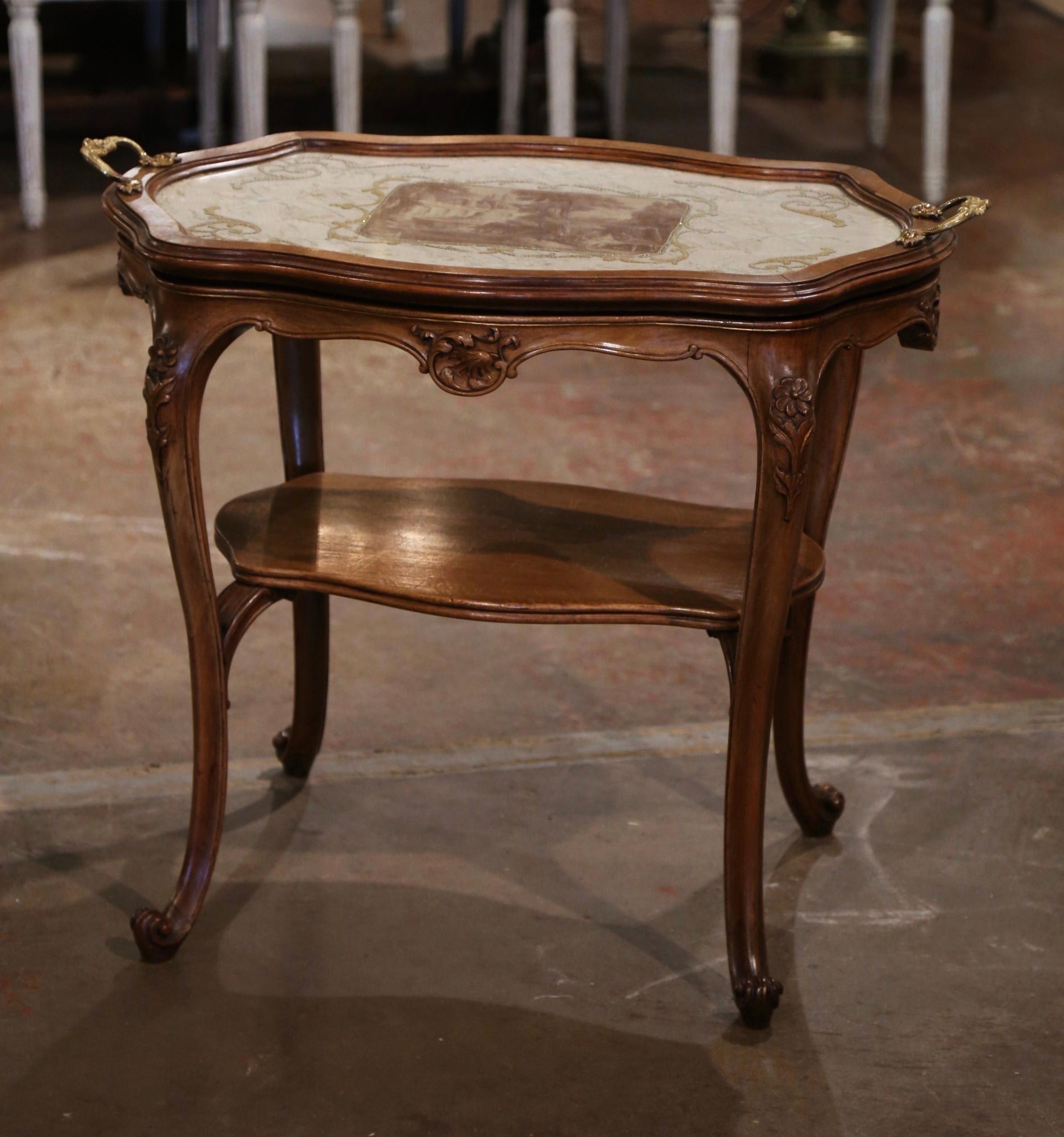 Early 20th Century, French, Louis XV Carved Walnut, Silk and Glass Tea Table In Excellent Condition For Sale In Dallas, TX