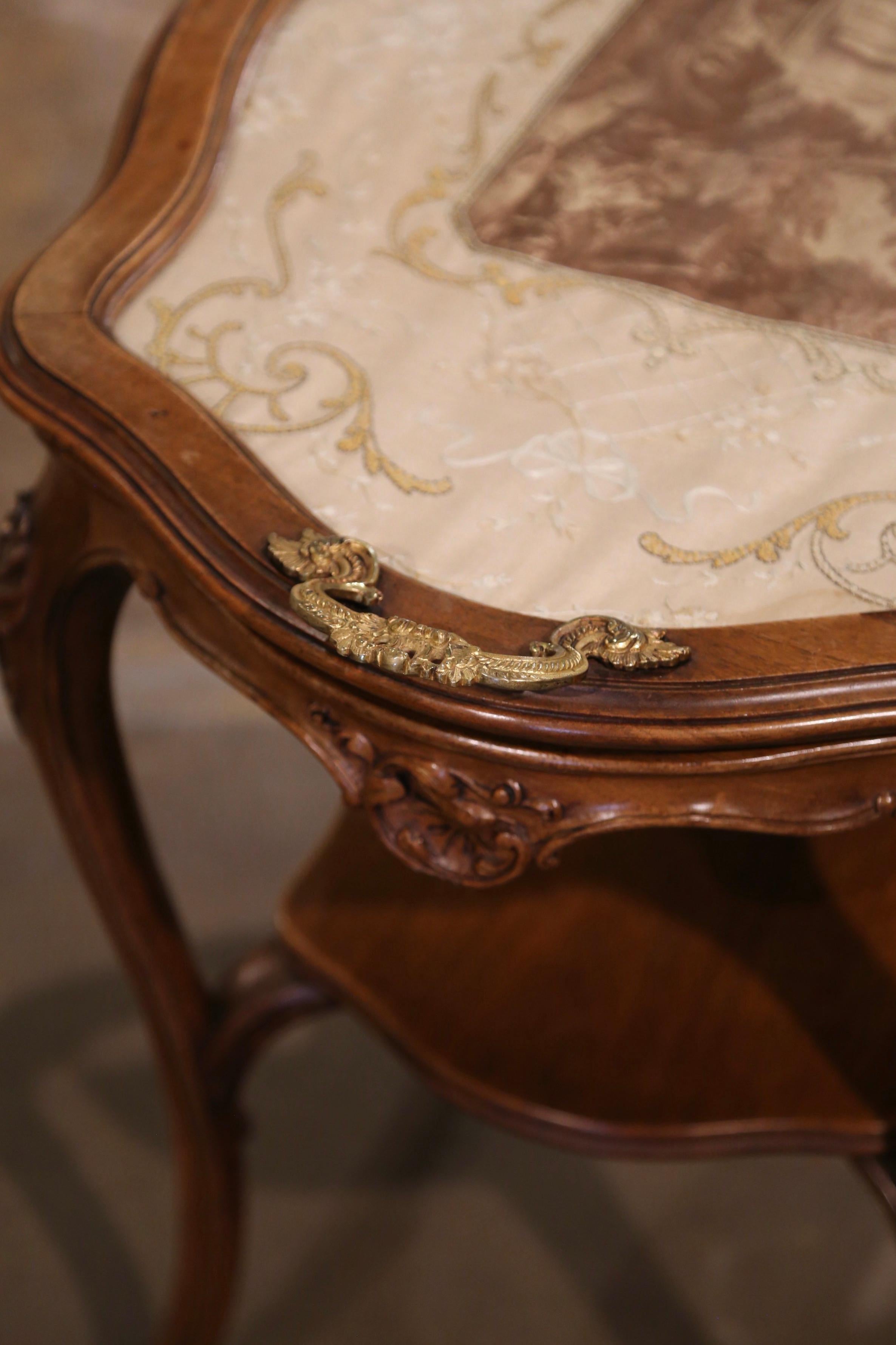 Early 20th Century, French, Louis XV Carved Walnut, Silk and Glass Tea Table For Sale 1
