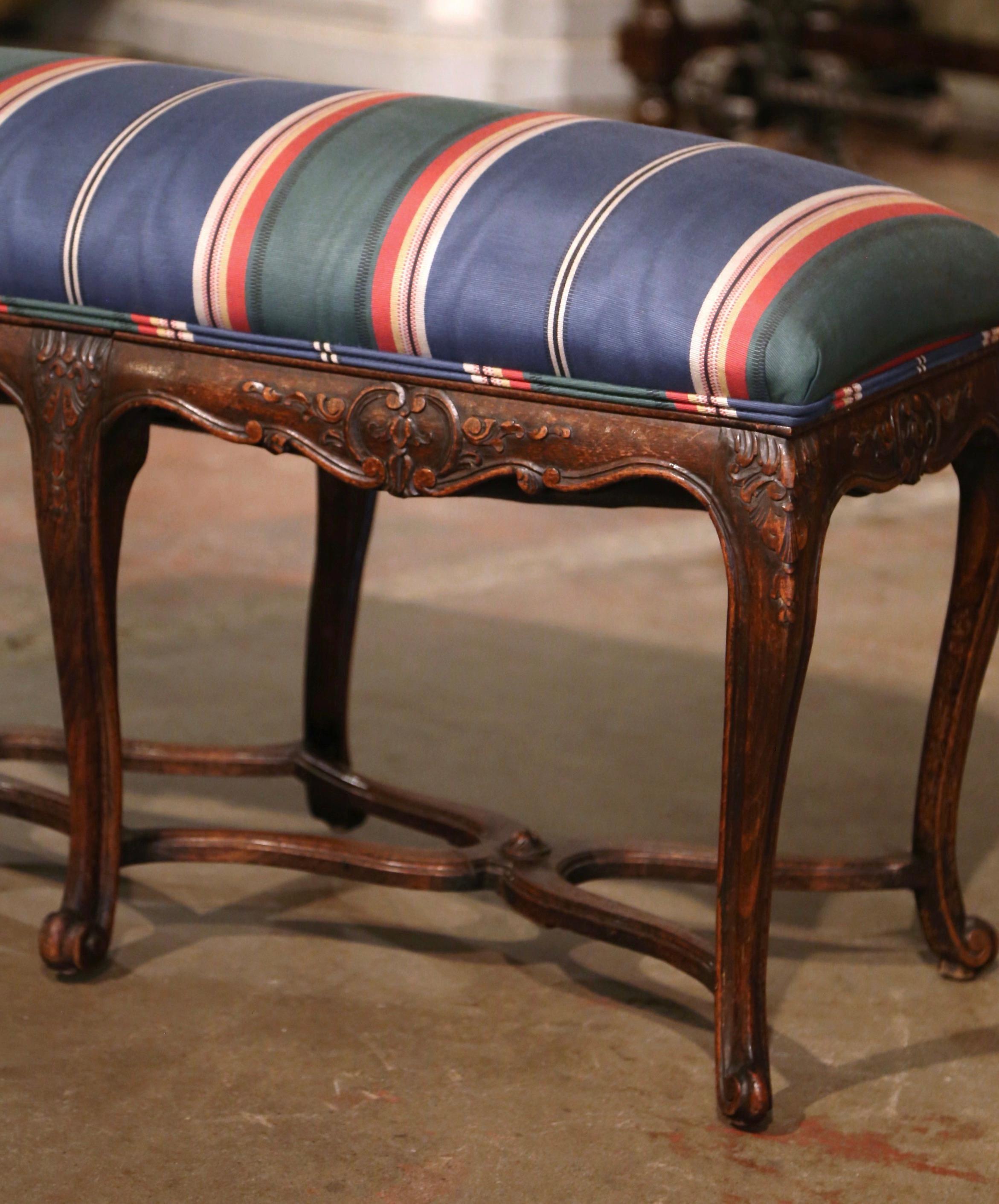 Early 20th Century French Louis XV Carved Walnut Six-Leg Upholstered Bench  In Excellent Condition For Sale In Dallas, TX