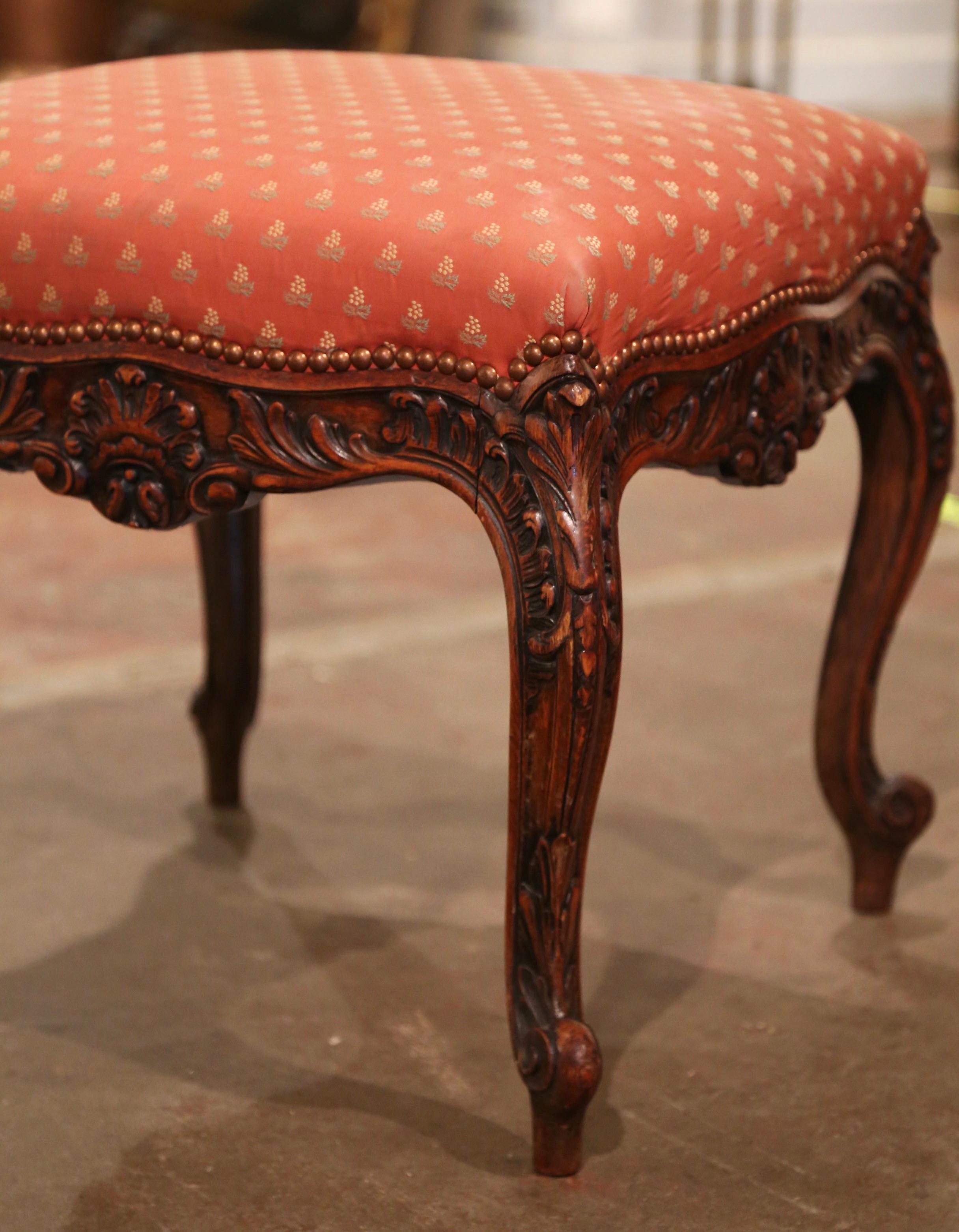 Patinated Early 20th Century French Louis XV Carved Walnut Stool from Lyon For Sale