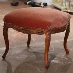 Early 20th Century French Louis XV Carved Walnut & Velvet Stool from Provence