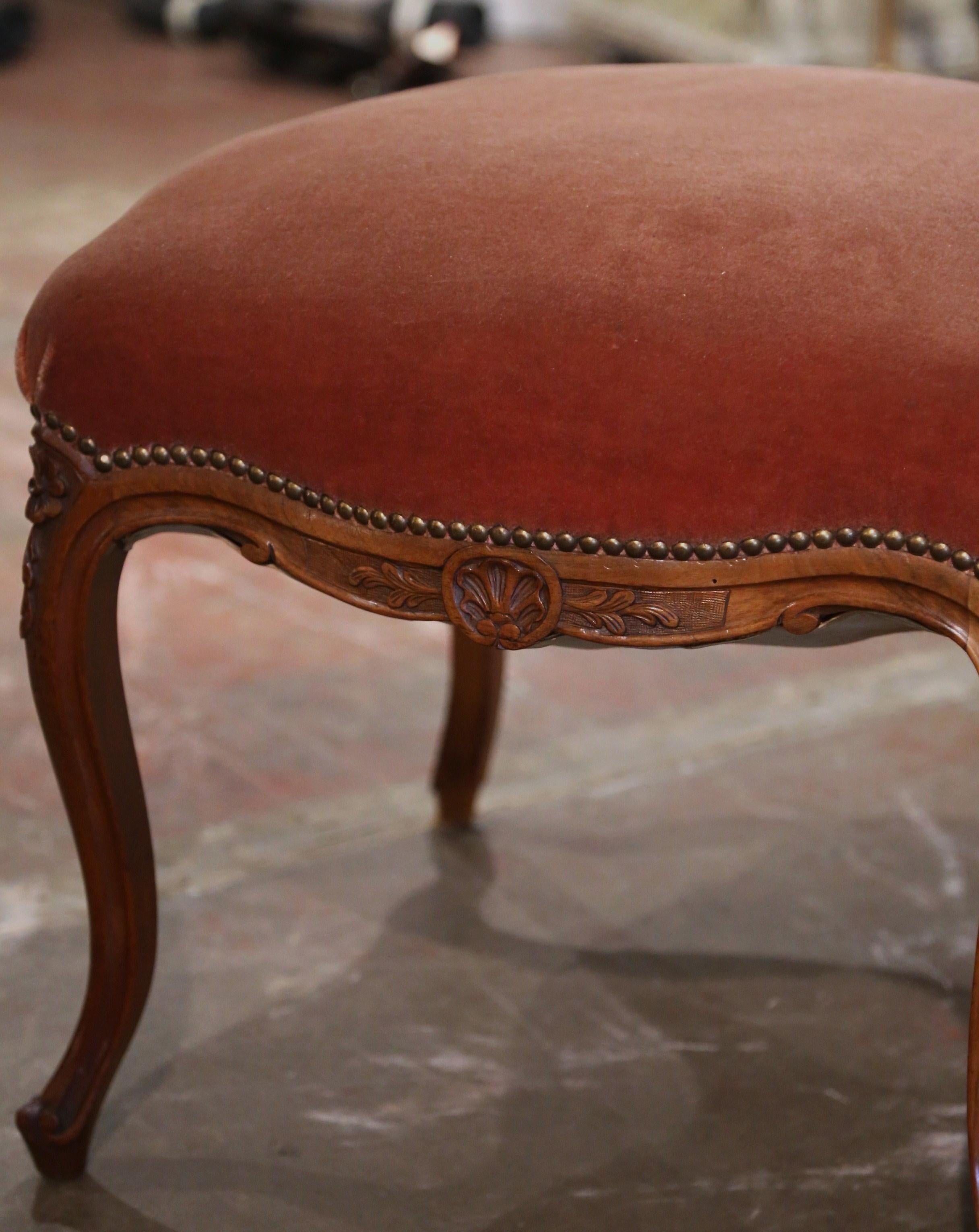 Hand-Carved Early 20th Century French Louis XV Carved Walnut & Velvet Stool from Provence For Sale