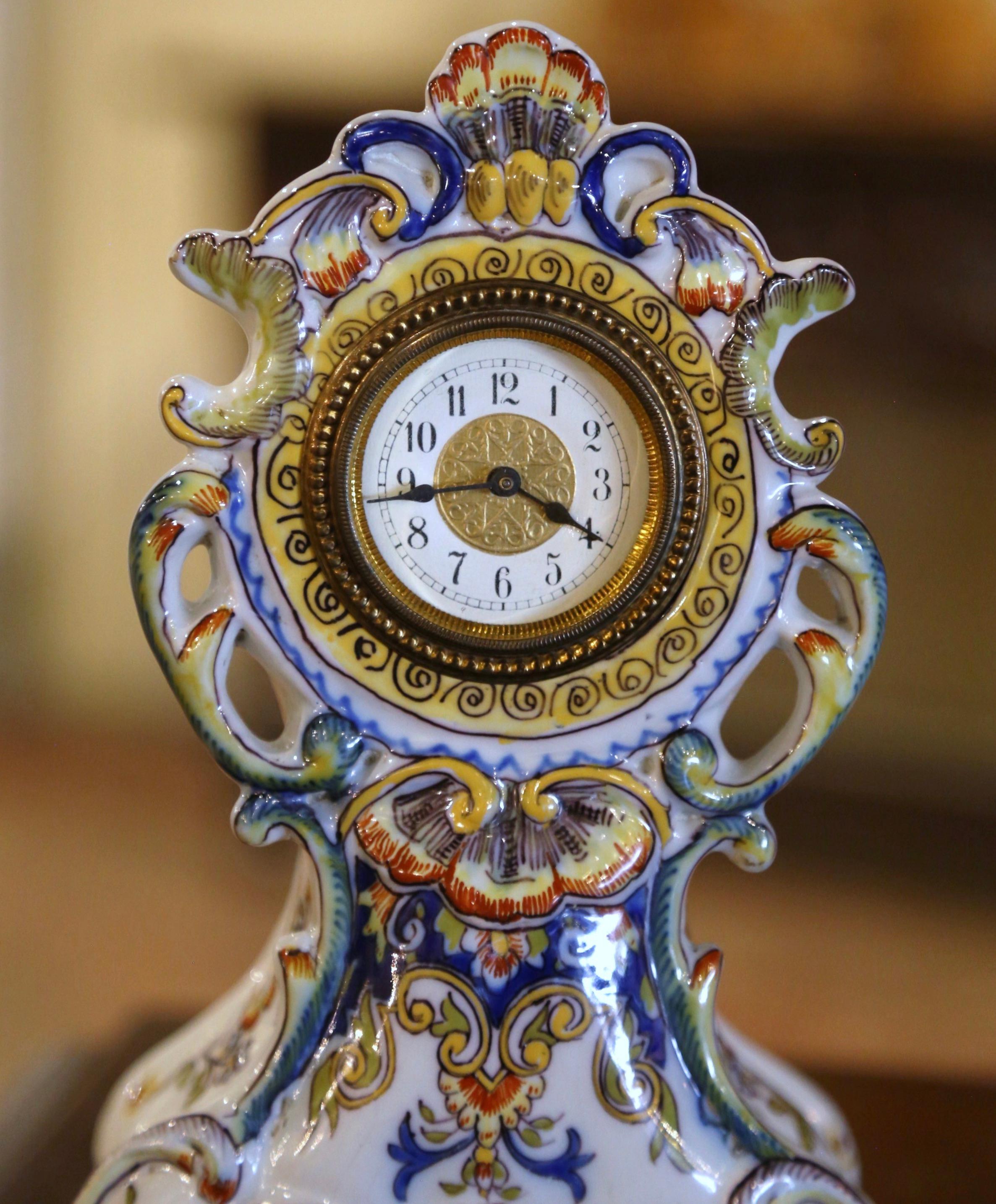 Hand-Crafted Early 20th Century French Louis XV Hand Painted Faience Clock from Rouen For Sale