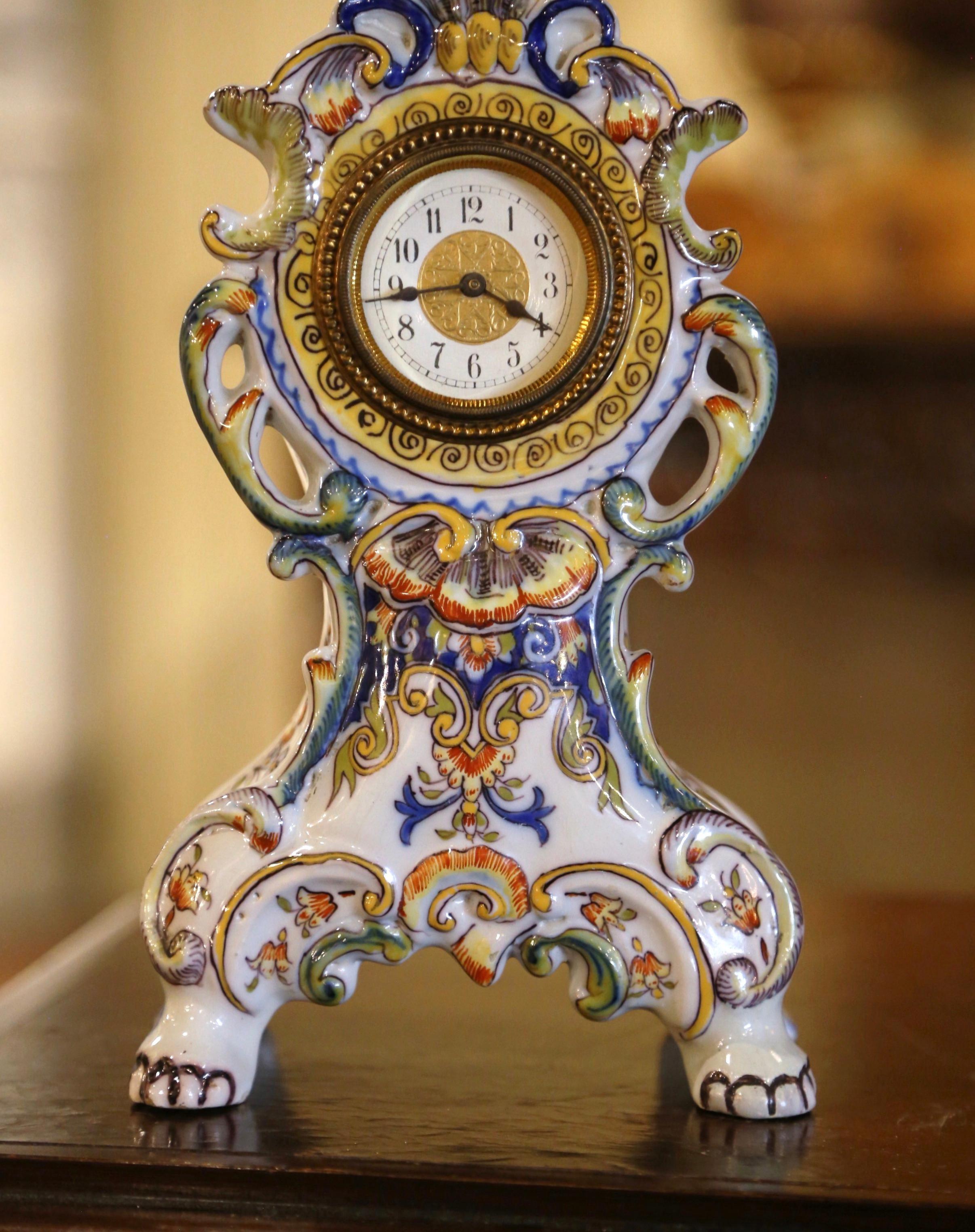 Early 20th Century French Louis XV Hand Painted Faience Clock from Rouen In Excellent Condition For Sale In Dallas, TX