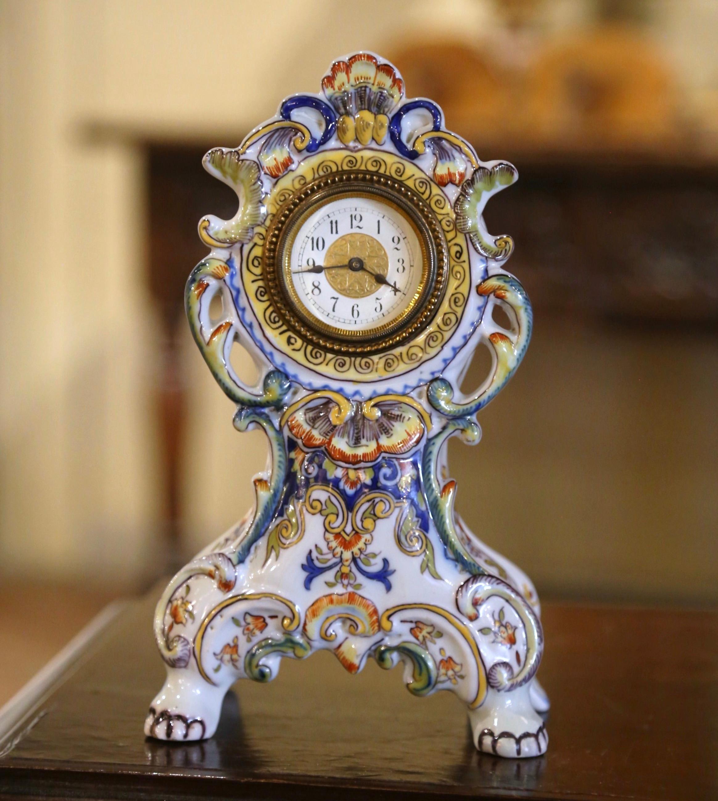 Ceramic Early 20th Century French Louis XV Hand Painted Faience Clock from Rouen For Sale