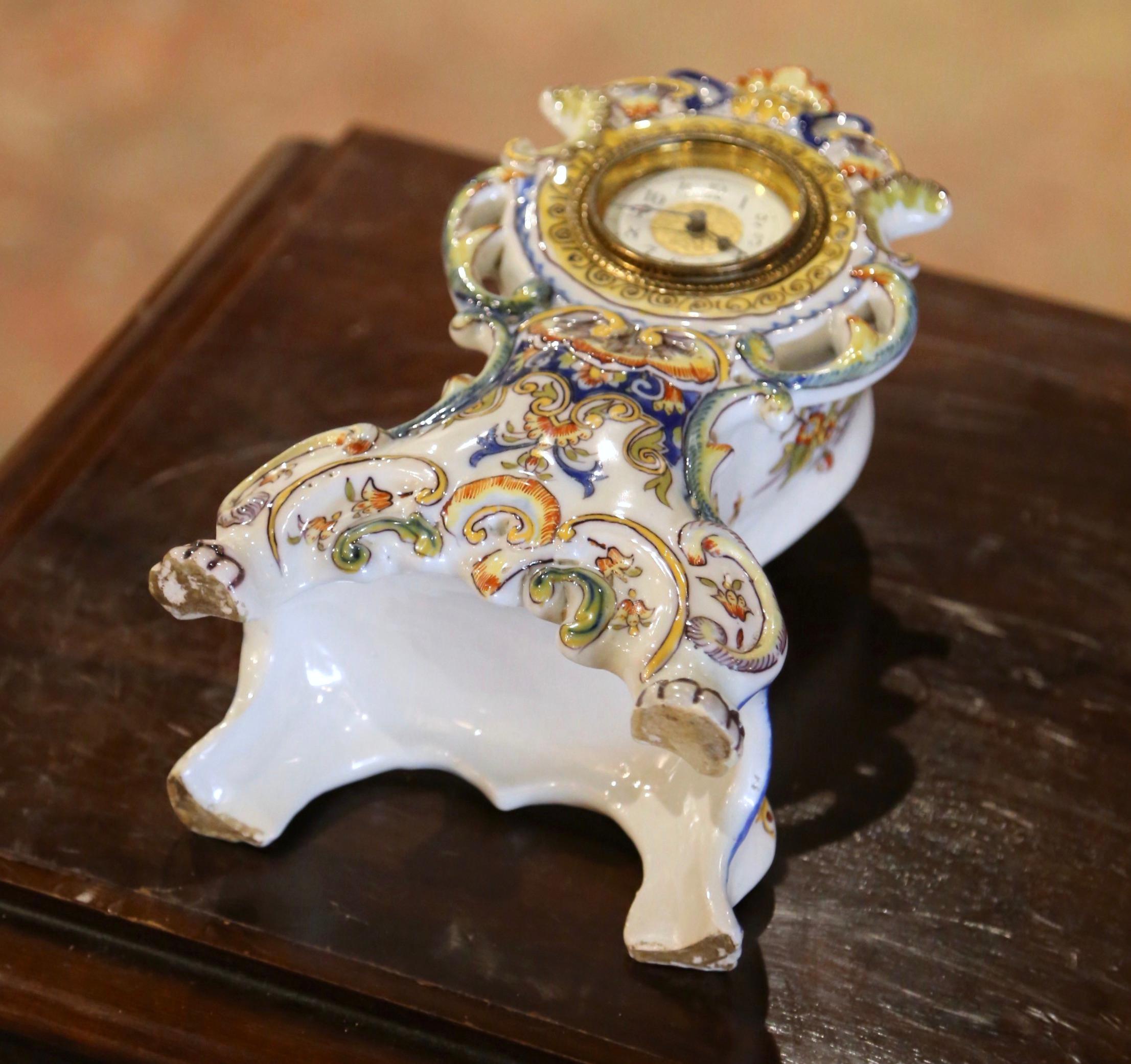 Early 20th Century French Louis XV Hand Painted Faience Clock from Rouen For Sale 2