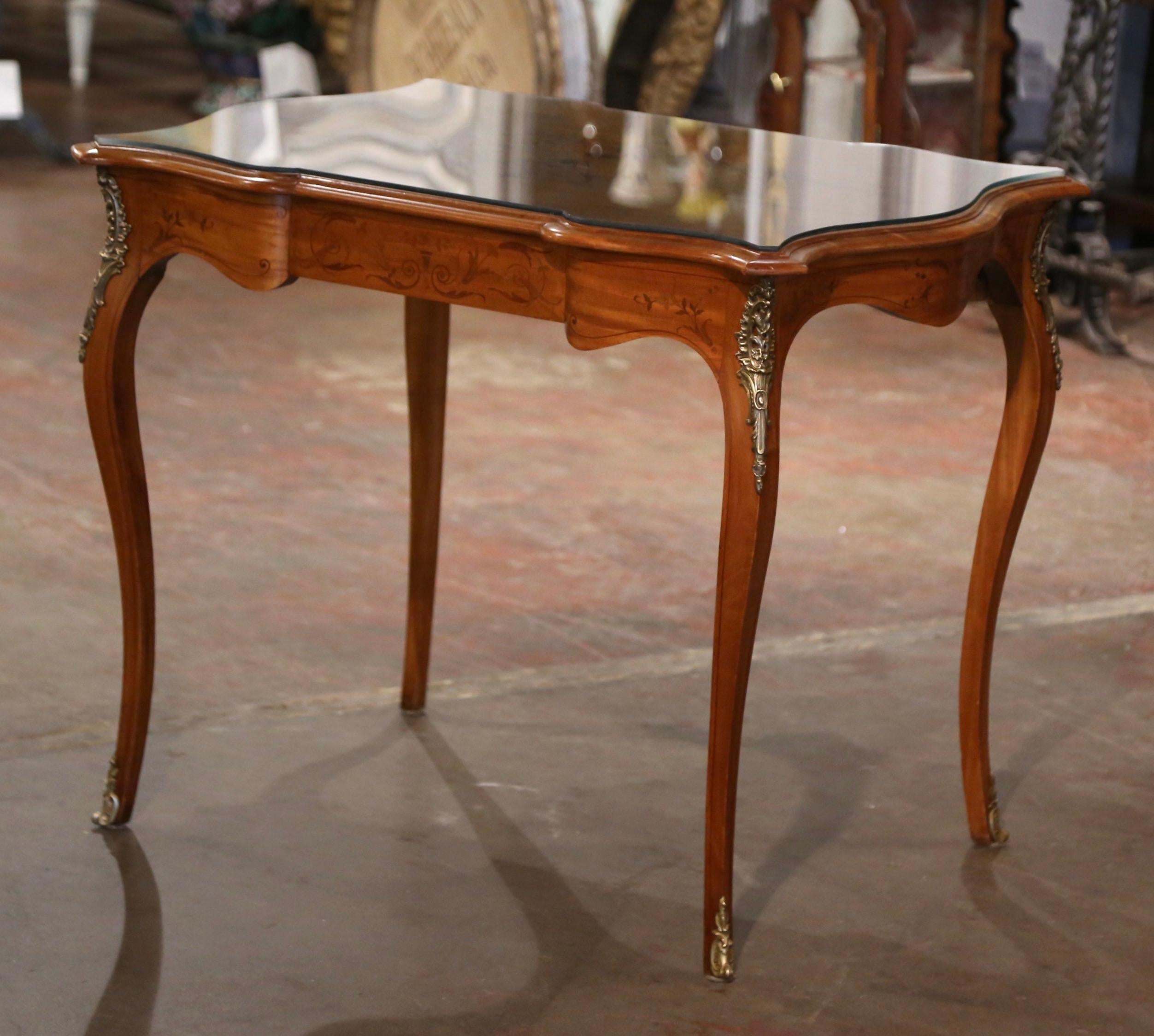 Bronze Early 20th Century French Louis XV Inlaid Walnut Table with Protective Glass  For Sale