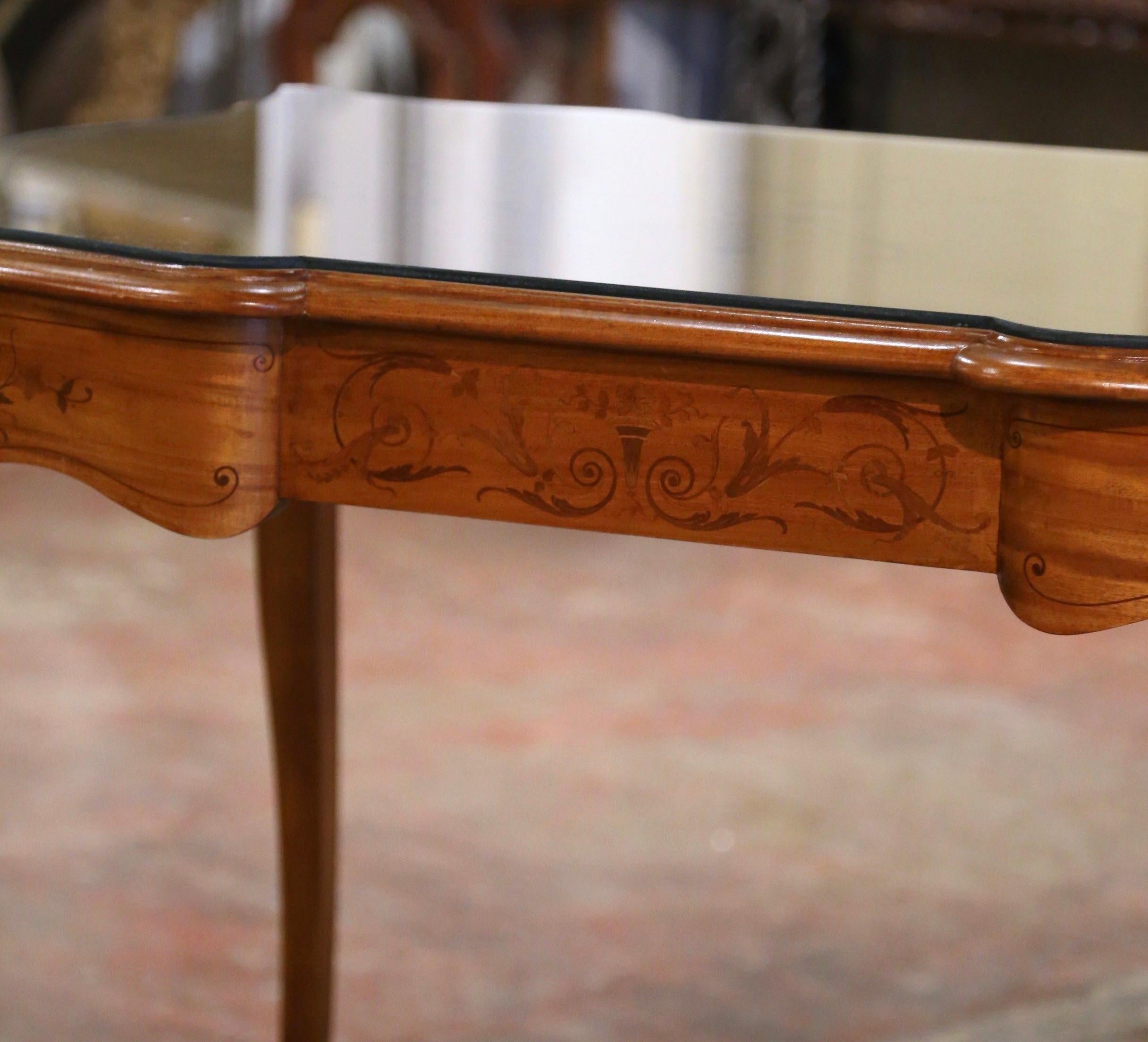 Early 20th Century French Louis XV Inlaid Walnut Table with Protective Glass  For Sale 2