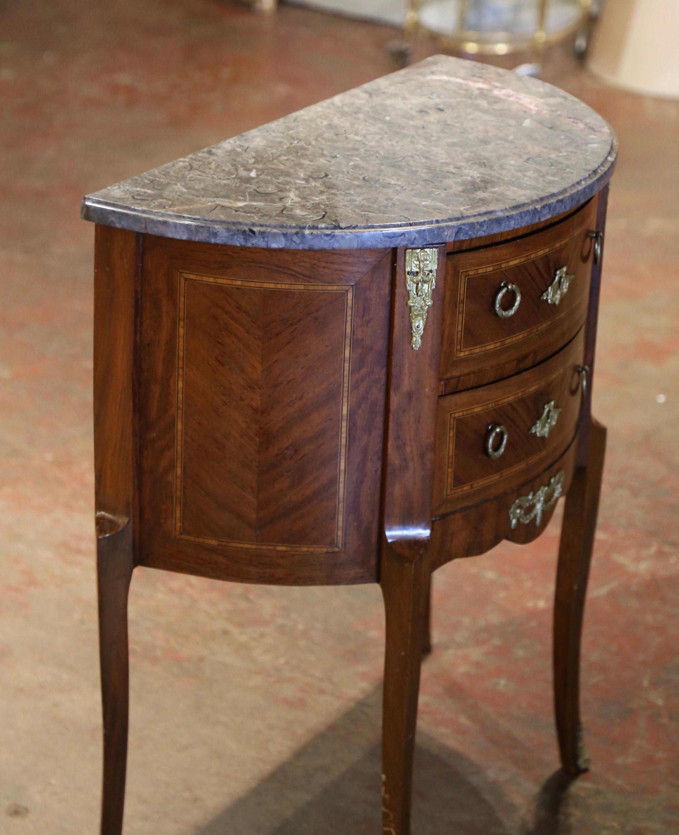 Early 20th Century French Louis XV Marble Top Bombe Demilune Marquetry Commode 4