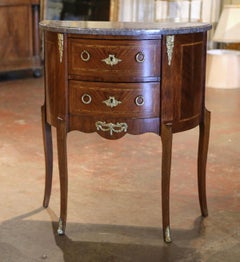 Early 20th Century French Louis XV Marble Top Bombe Demilune Marquetry Commode