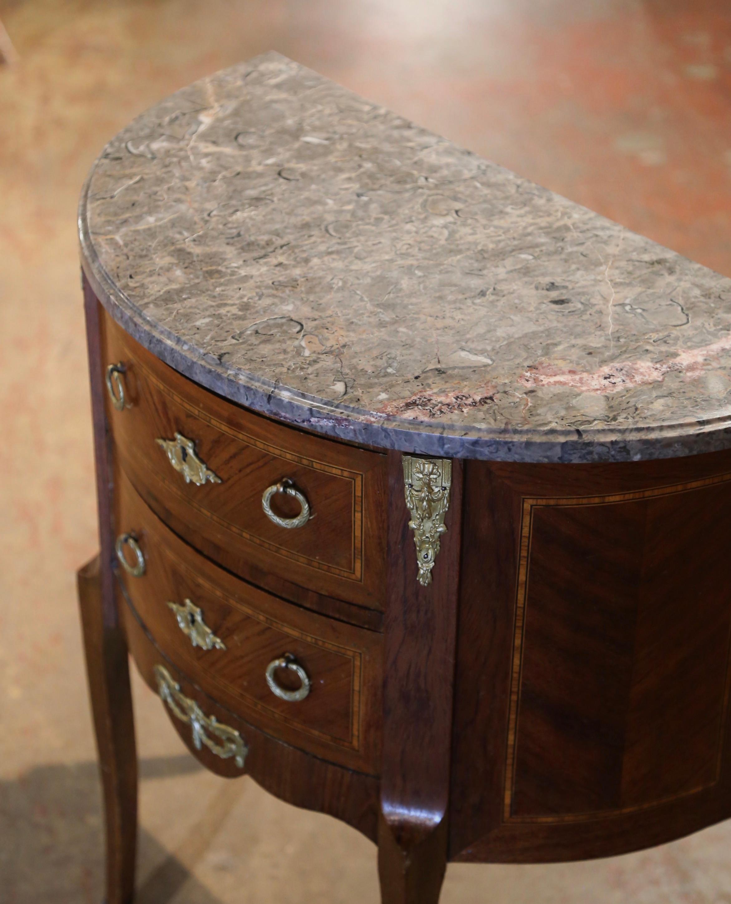 Early 20th Century French Louis XV Marble Top Bombe Demilune Marquetry Commode In Excellent Condition In Dallas, TX
