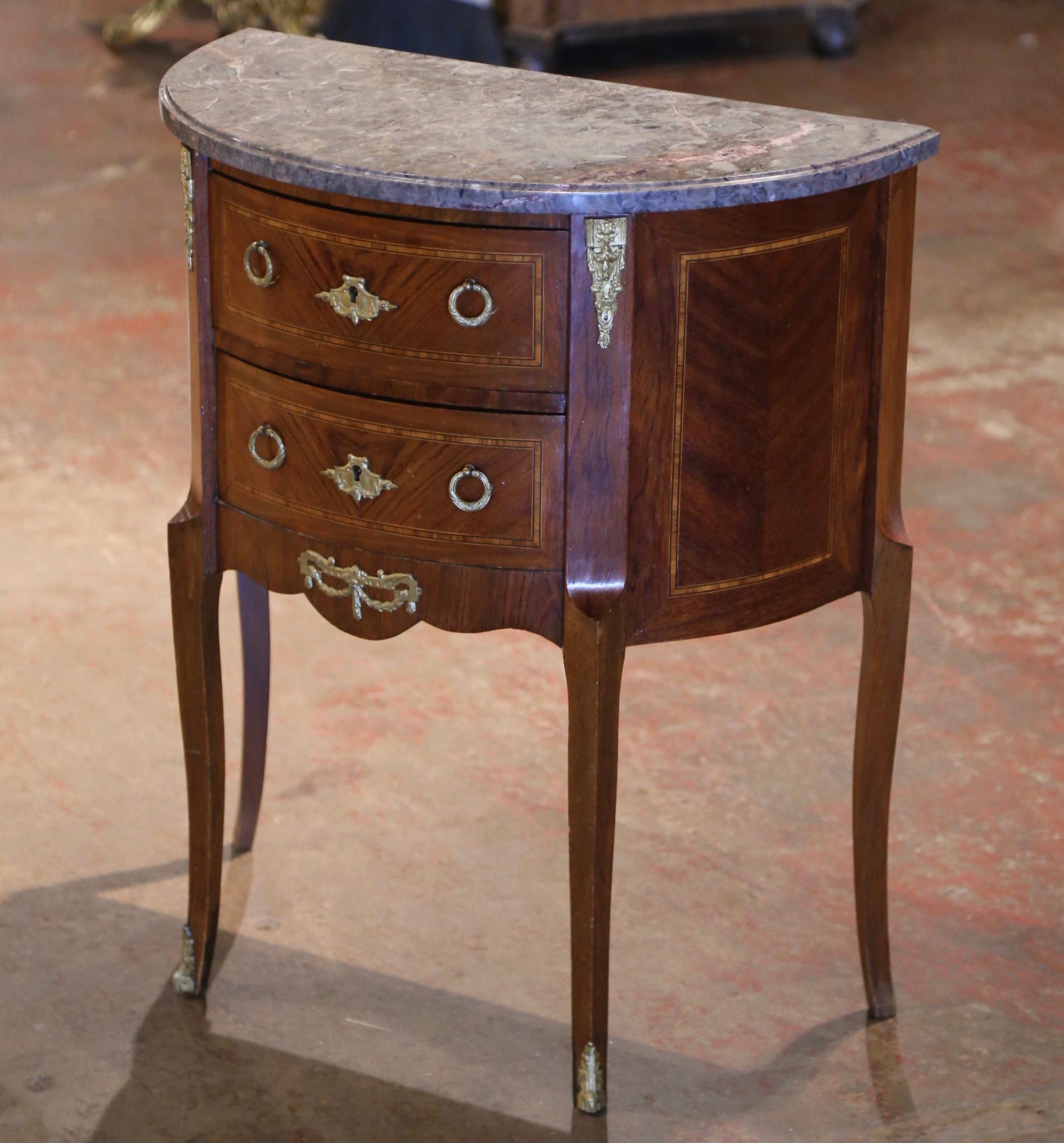 19th Century Early 20th Century French Louis XV Marble Top Bombe Demilune Marquetry Commode