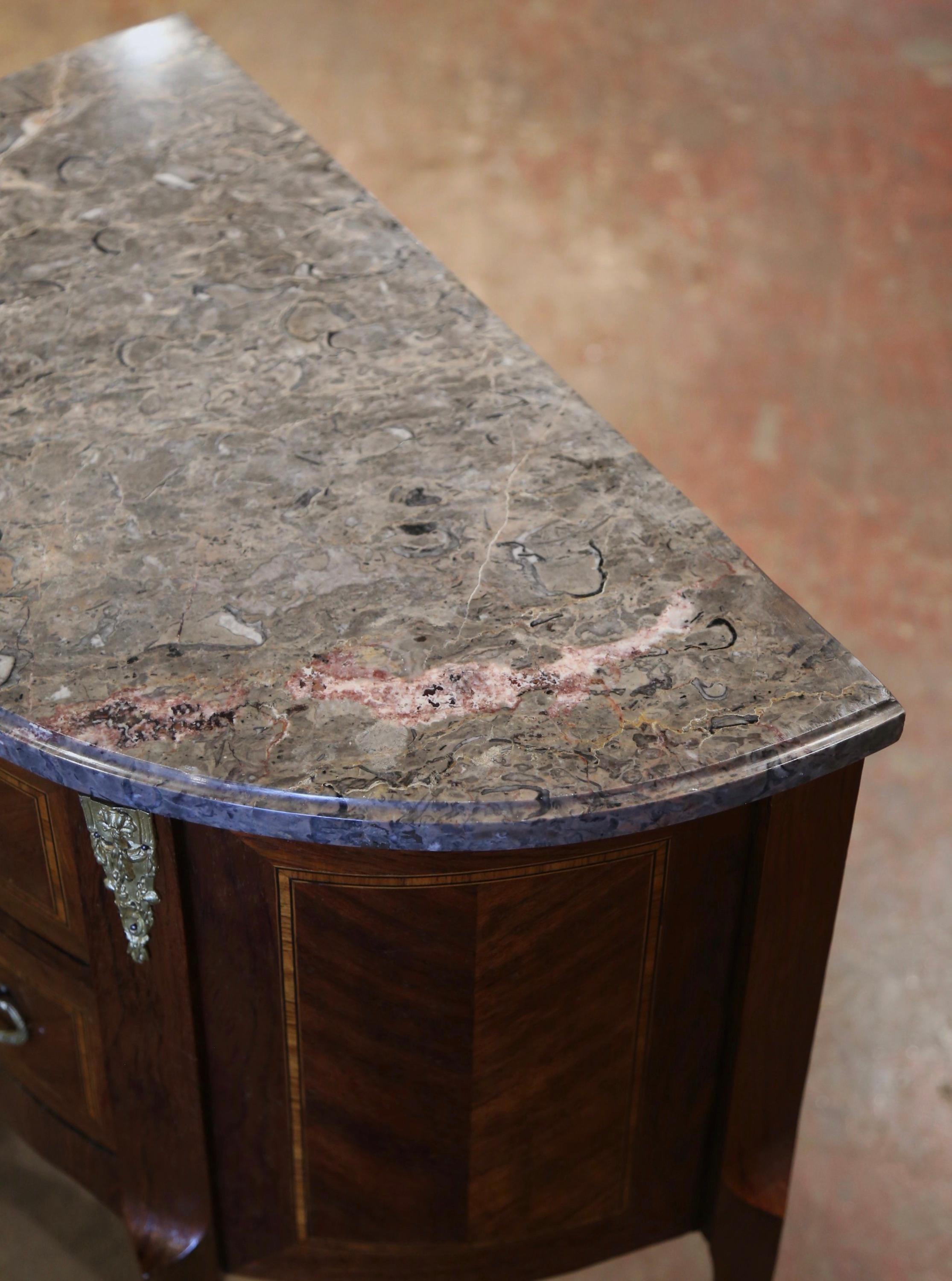 Bronze Early 20th Century French Louis XV Marble Top Bombe Demilune Marquetry Commode