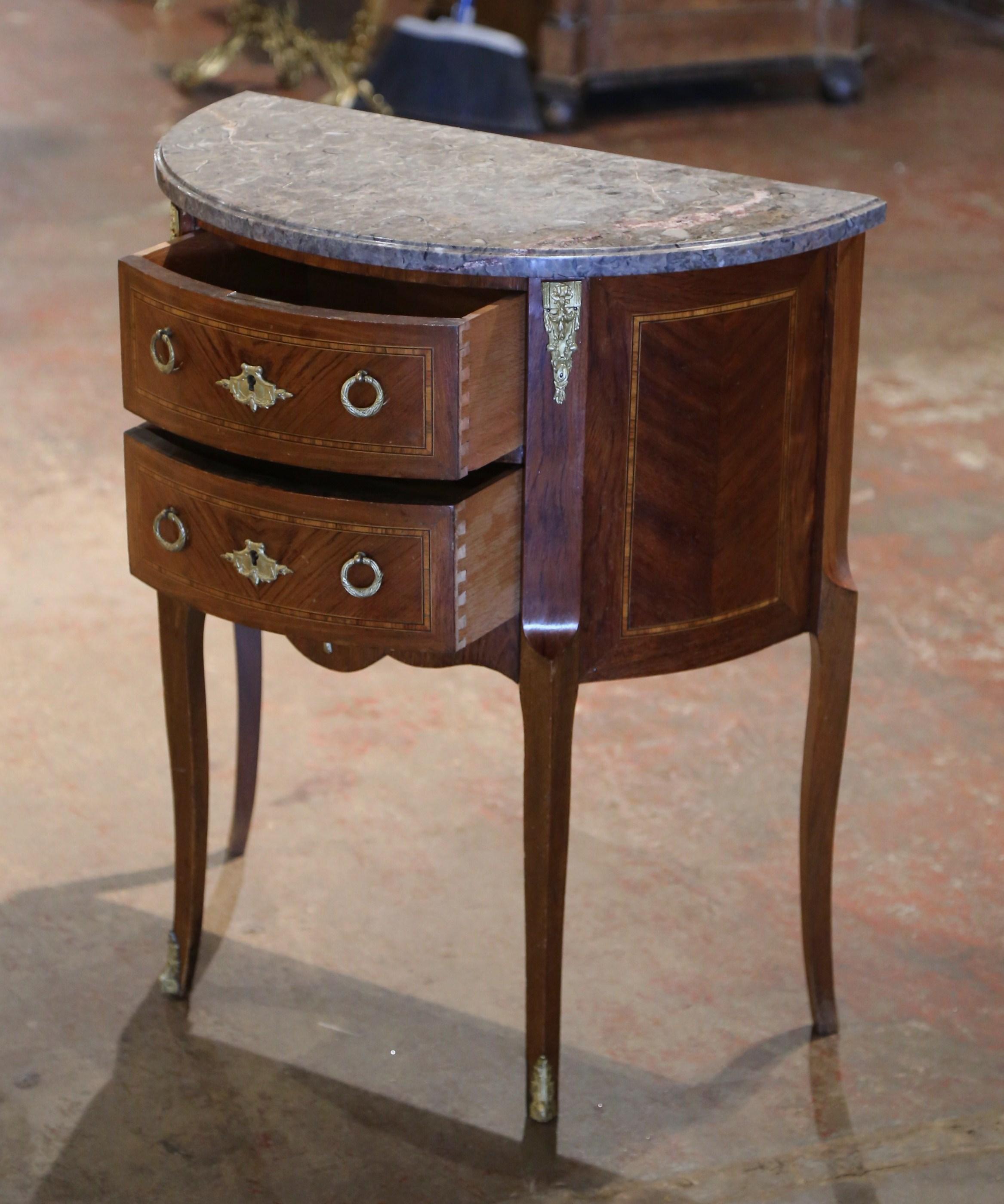 Early 20th Century French Louis XV Marble Top Bombe Demilune Marquetry Commode 1