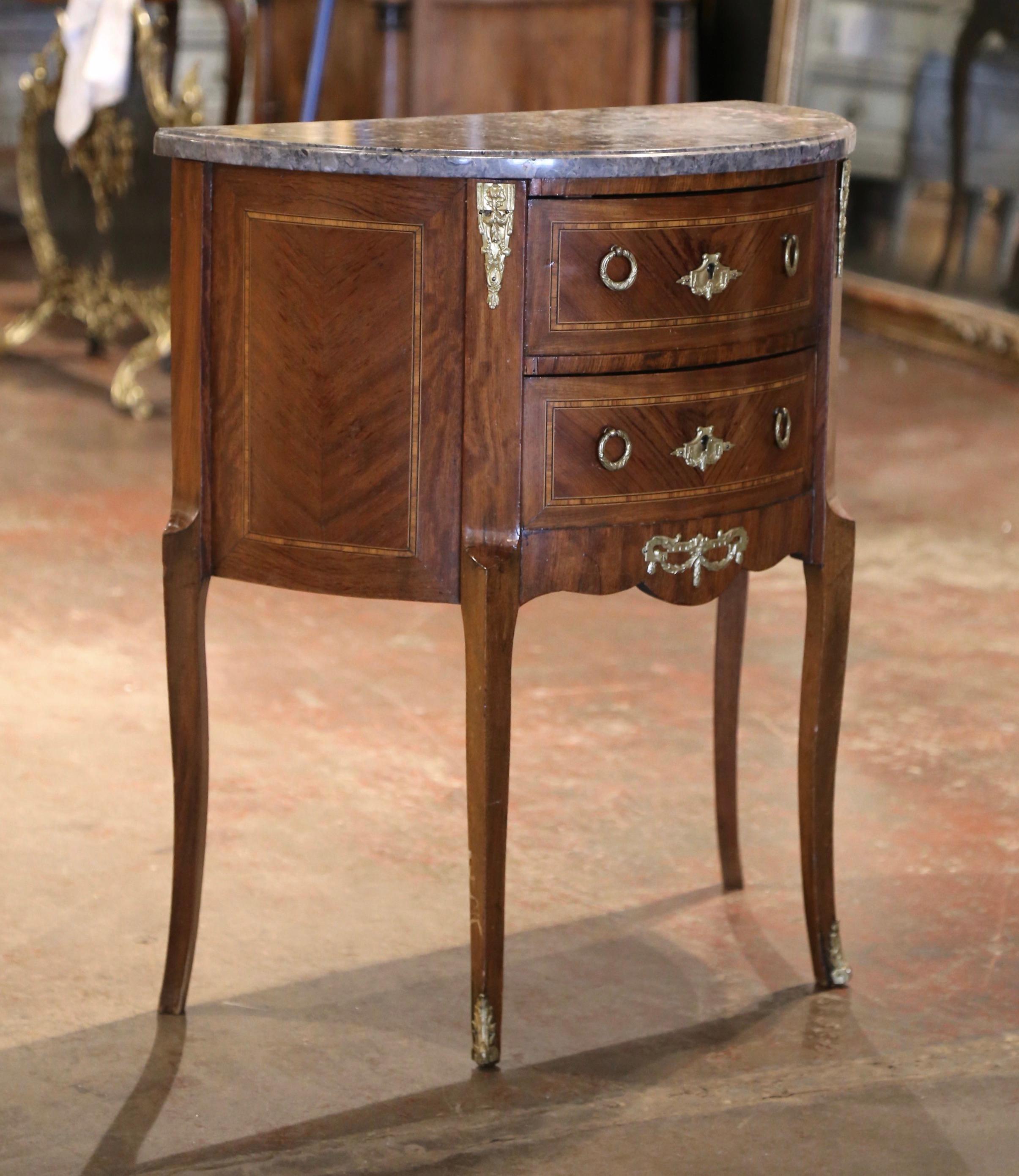 Early 20th Century French Louis XV Marble Top Bombe Demilune Marquetry Commode 3