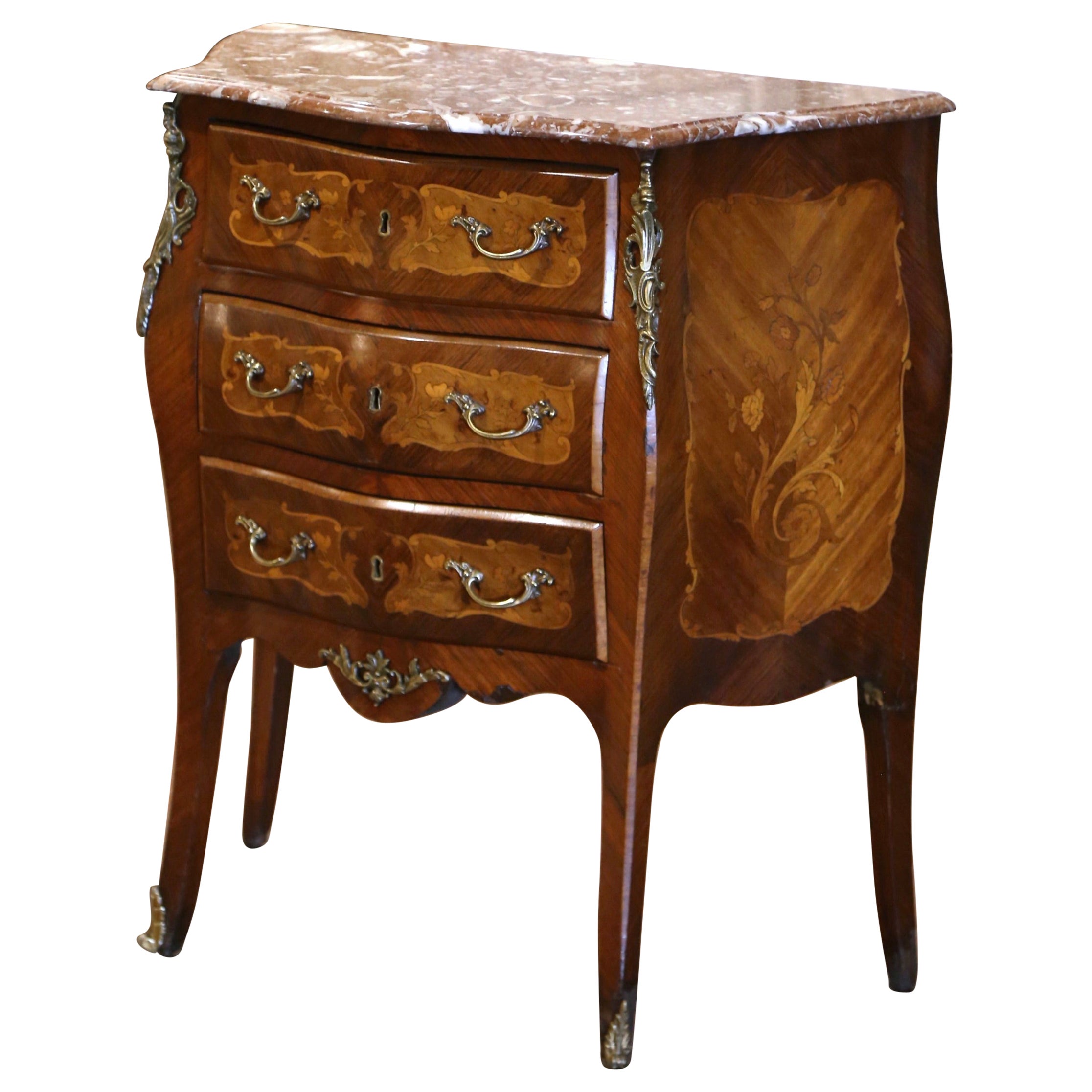 Early 20th Century French Louis XV Marble Top Walnut Marquetry Chest of Drawers