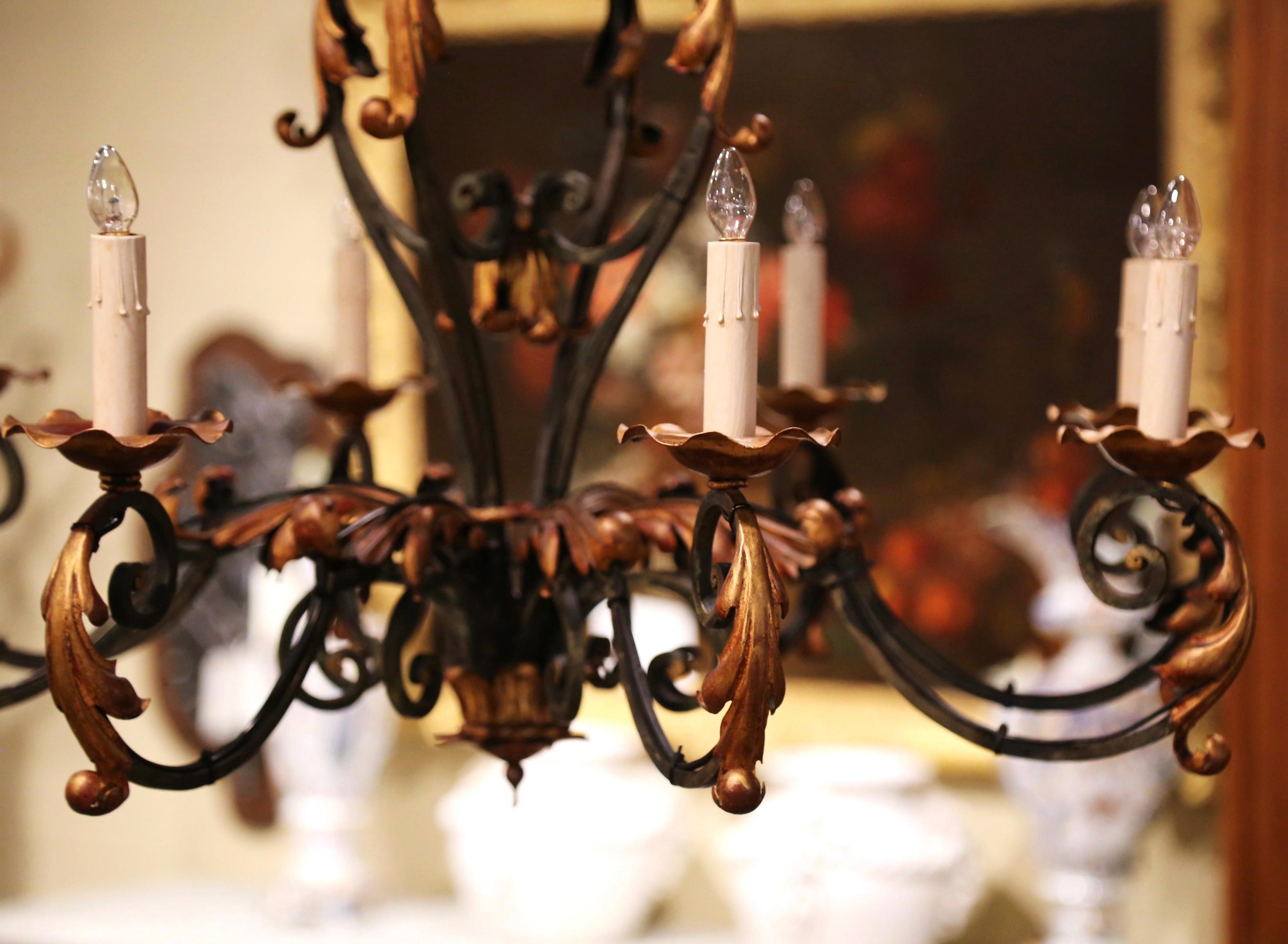 Early 20th Century French Louis XV Painted & Gilt Six-Light Iron Chandelier 6