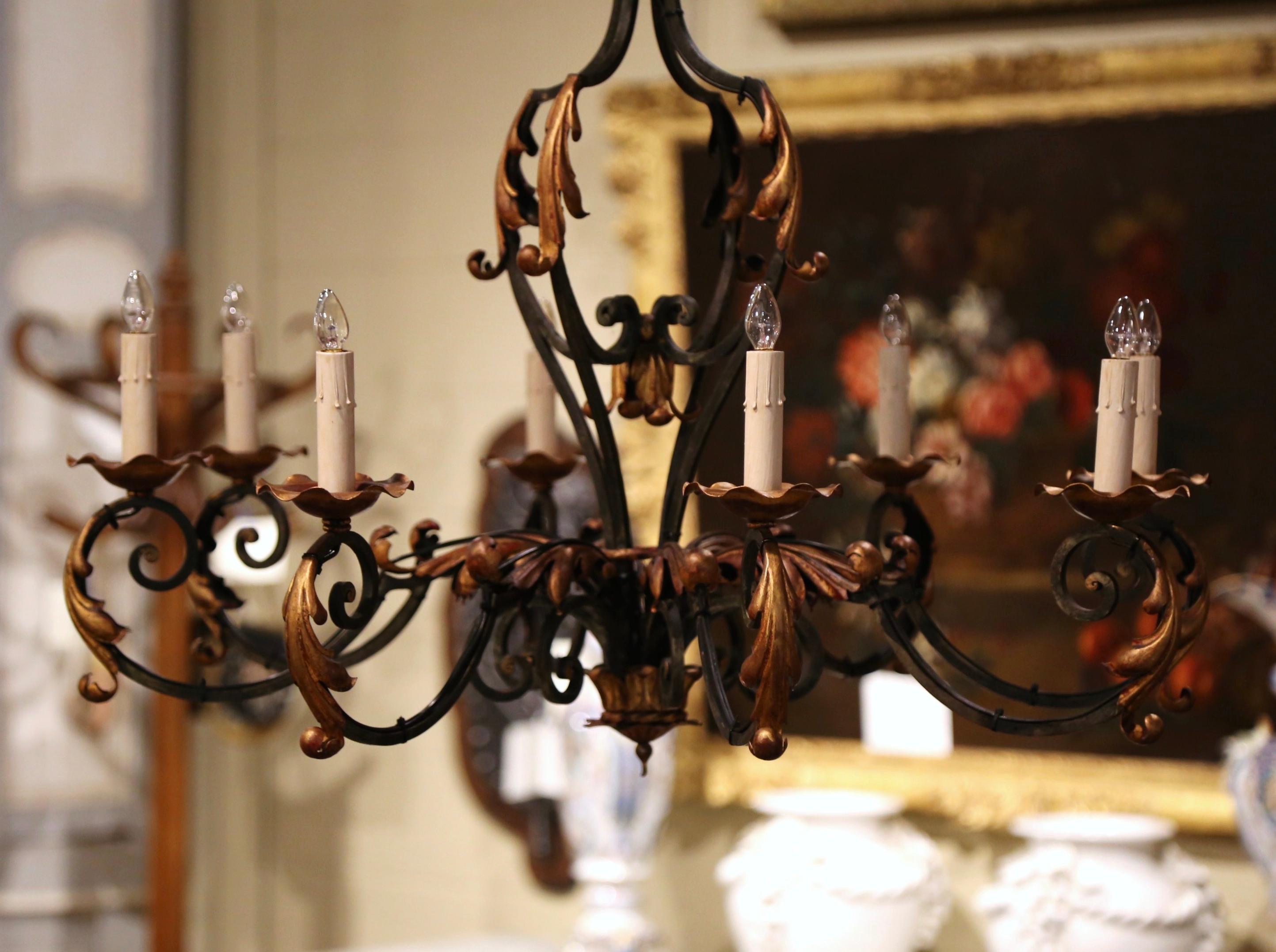 Hand-Painted Early 20th Century French Louis XV Painted & Gilt Six-Light Iron Chandelier For Sale