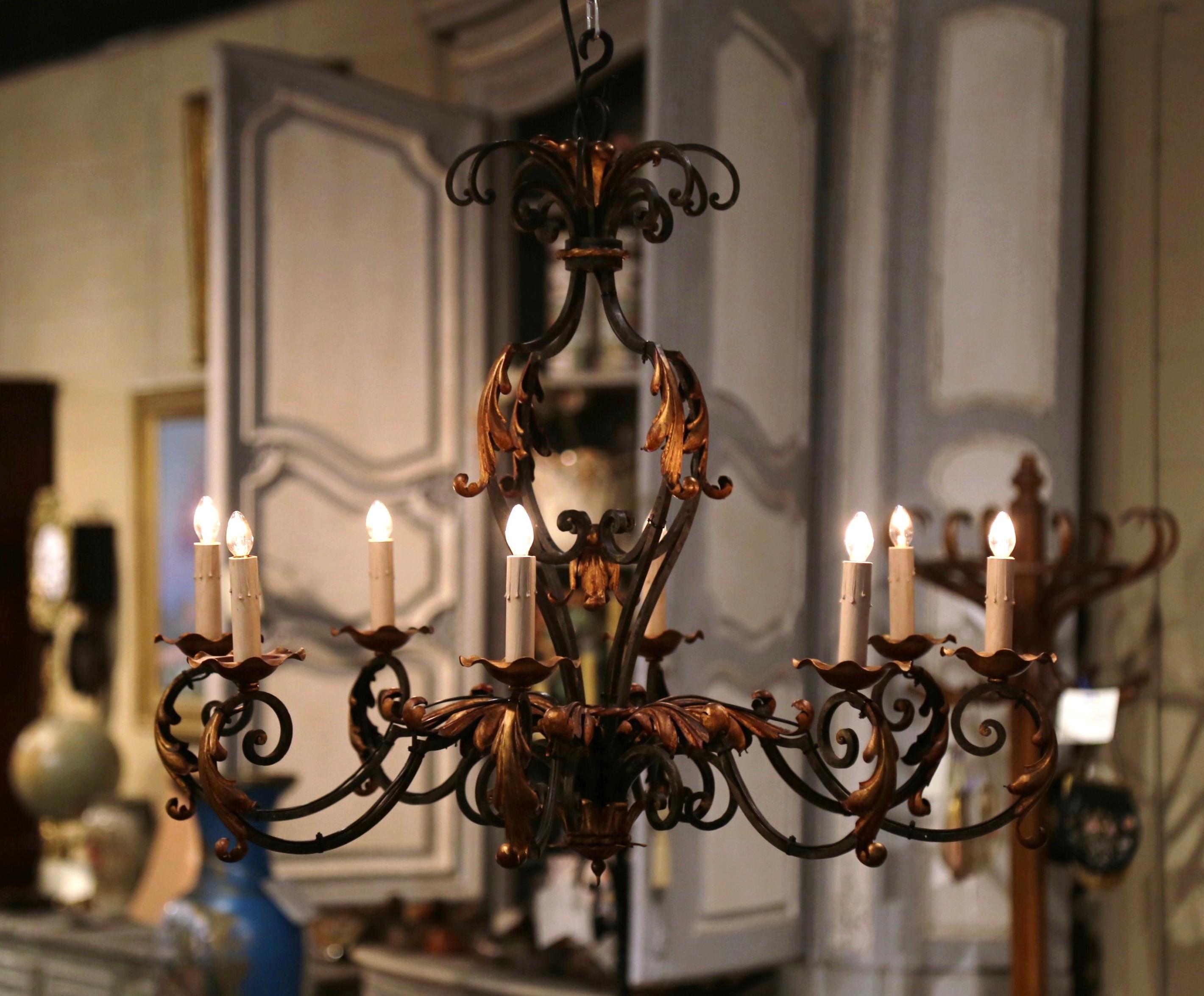 Early 20th Century French Louis XV Painted & Gilt Six-Light Iron Chandelier In Excellent Condition In Dallas, TX