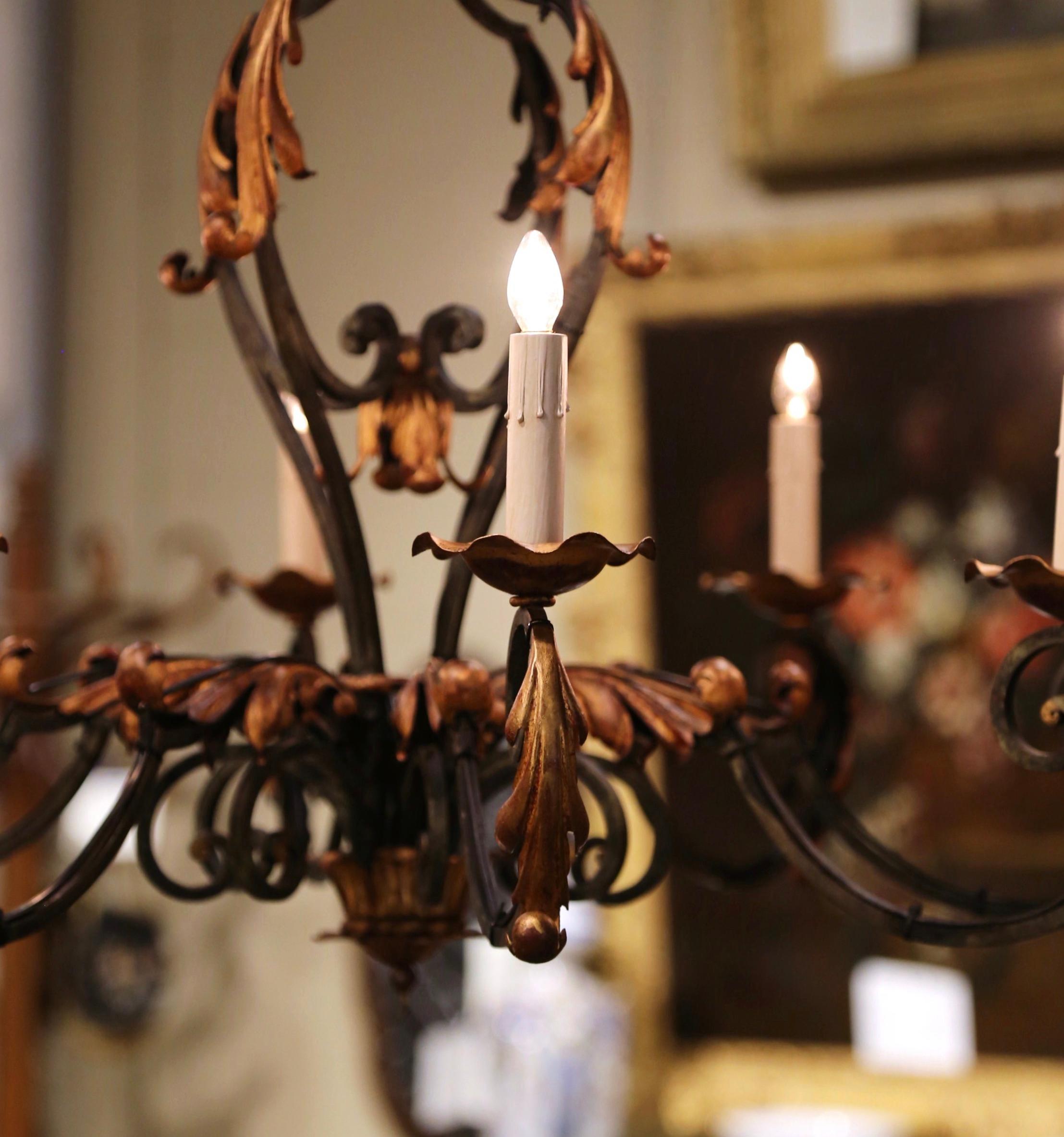 Early 20th Century French Louis XV Painted & Gilt Six-Light Iron Chandelier 2