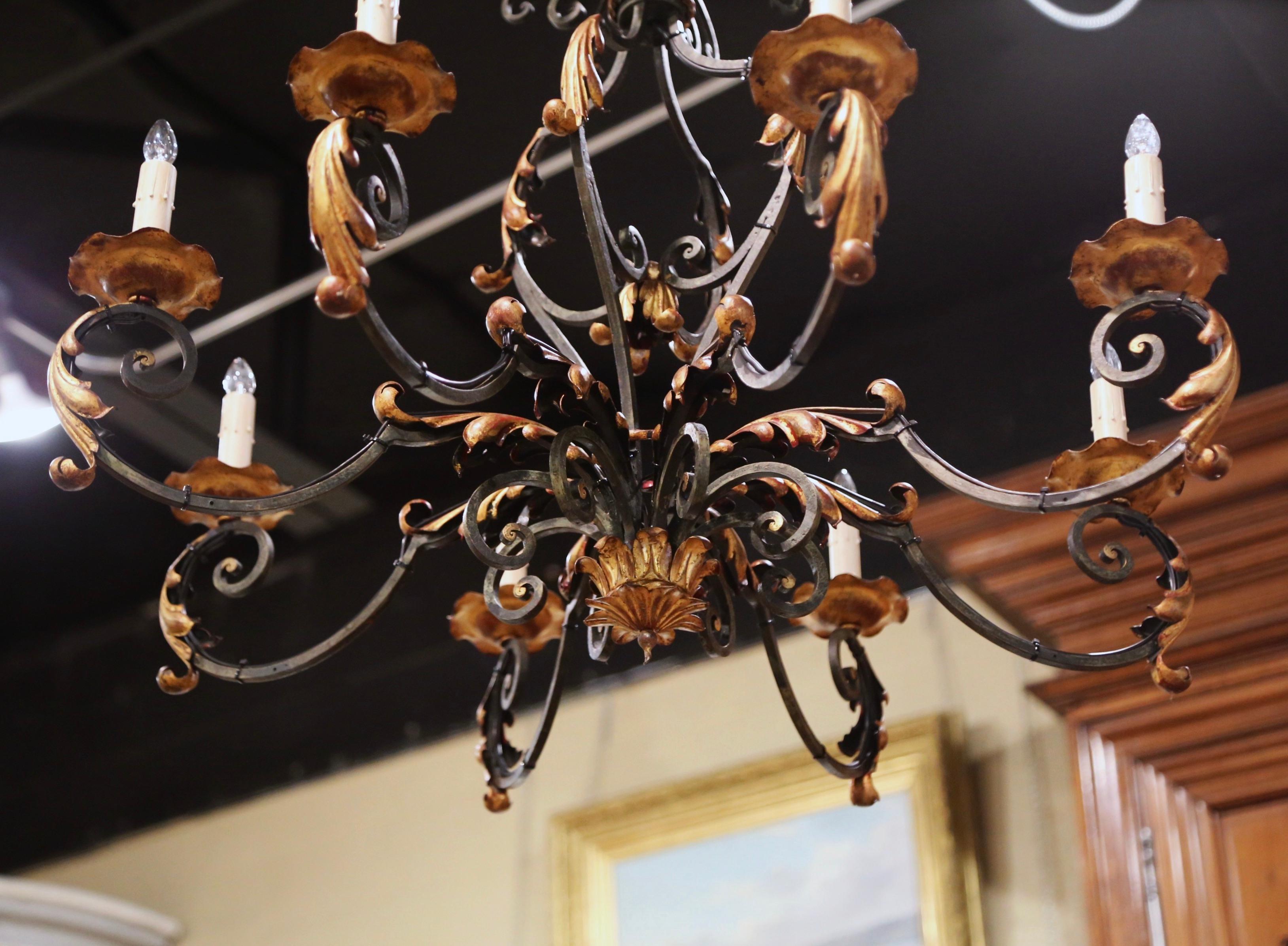 Early 20th Century French Louis XV Painted & Gilt Six-Light Iron Chandelier 5