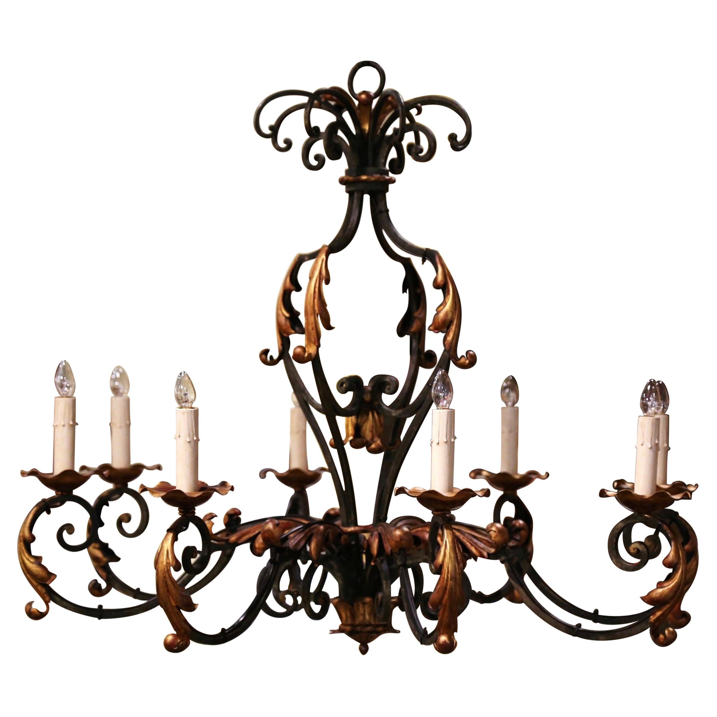 Early 20th Century French Louis XV Painted & Gilt Six-Light Iron Chandelier