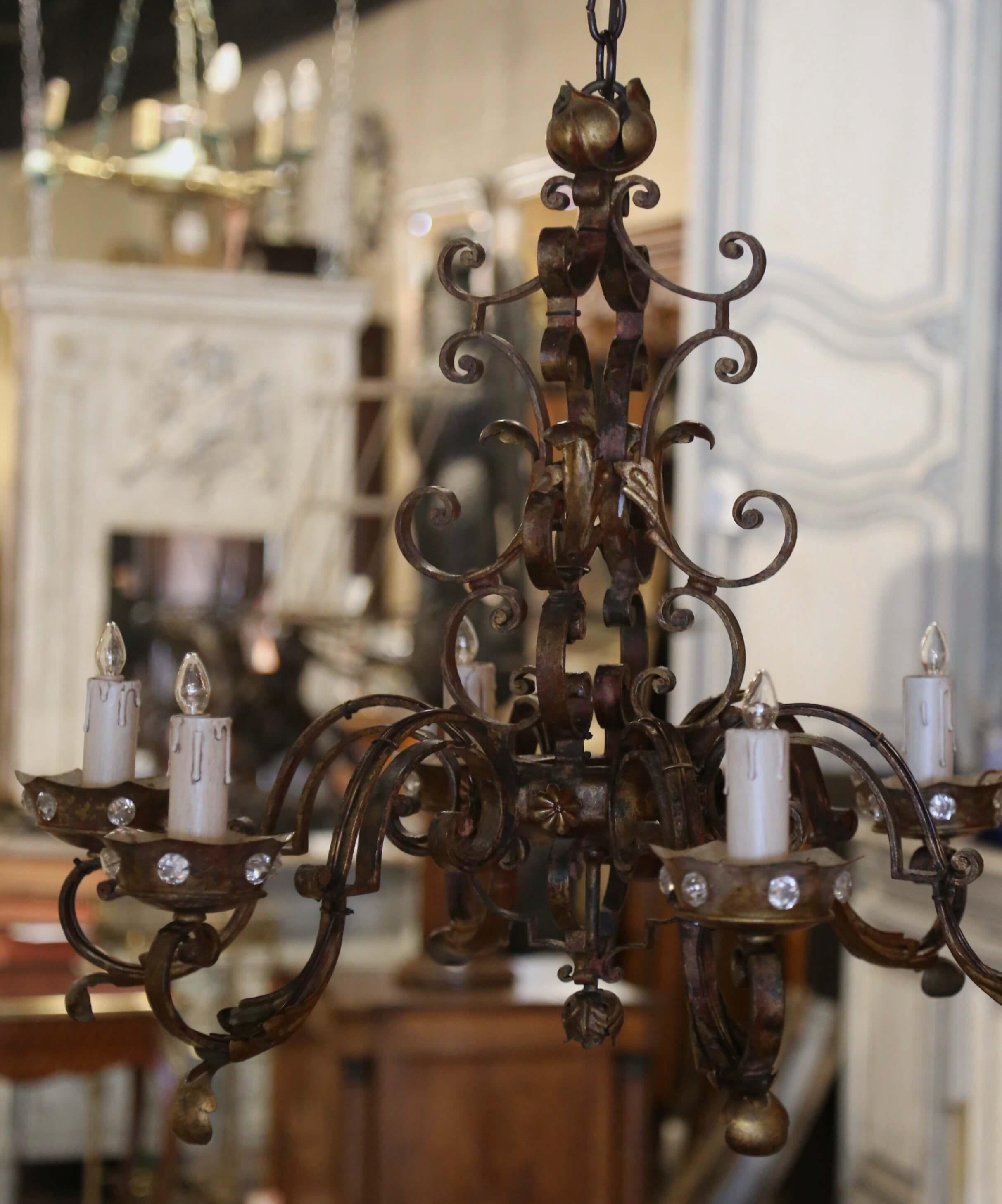 Hand-Crafted Early 20th Century French Louis XV Six-Light Iron Chandelier For Sale