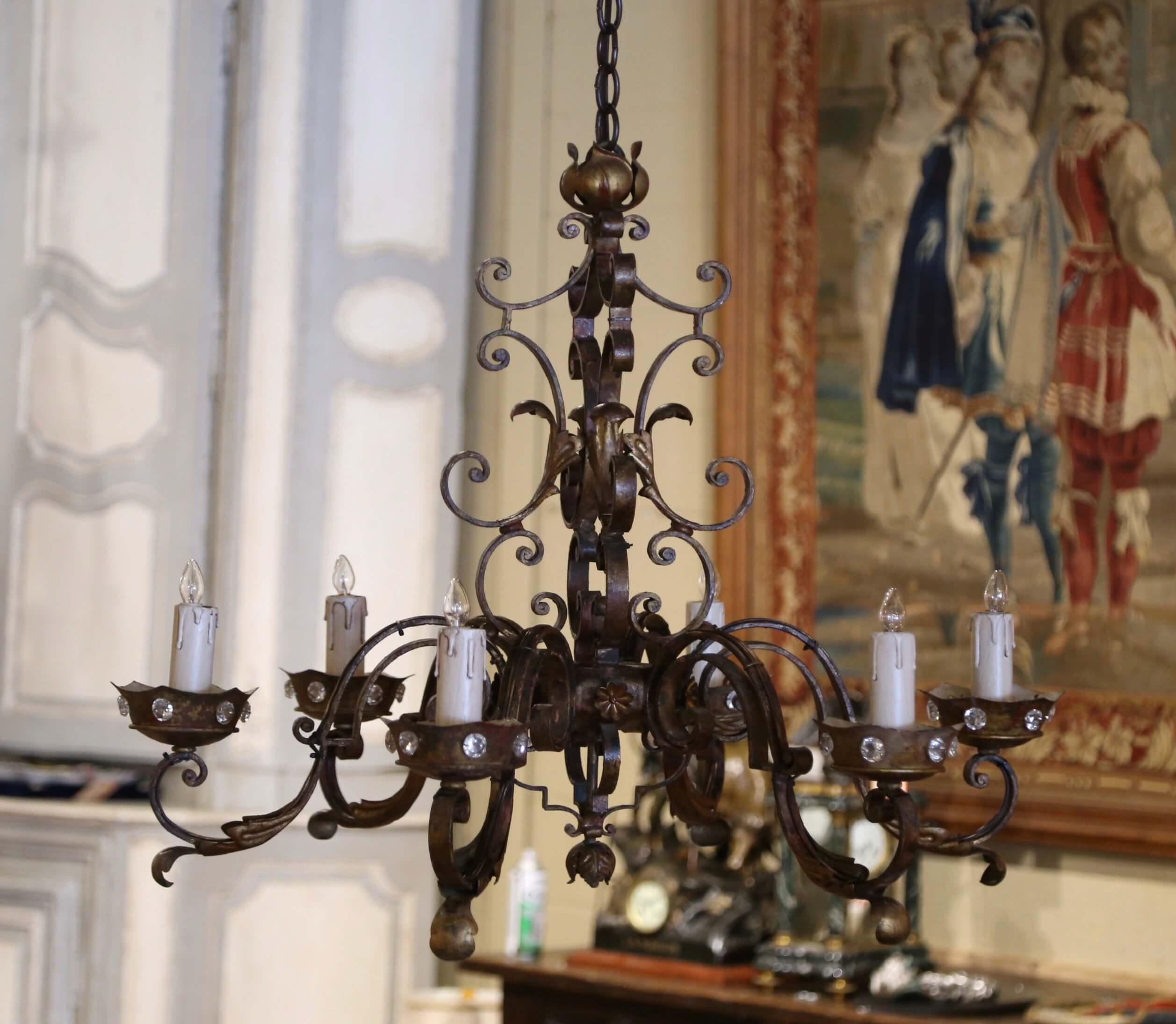 Crystal Early 20th Century French Louis XV Six-Light Iron Chandelier For Sale