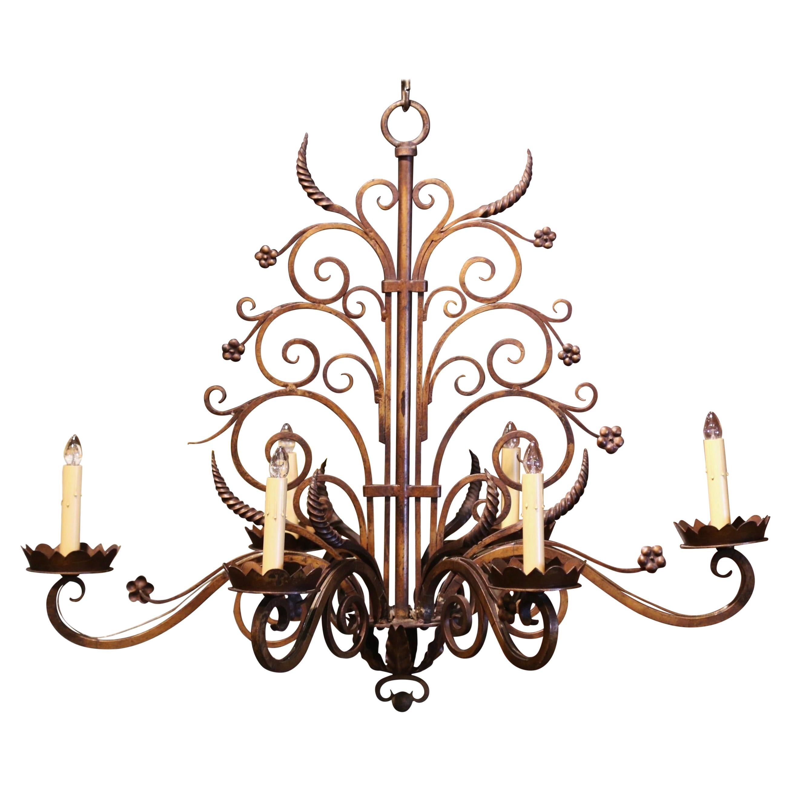 Early 20th Century French Louis XV Six-Light Iron Chandelier with Bronze Finish
