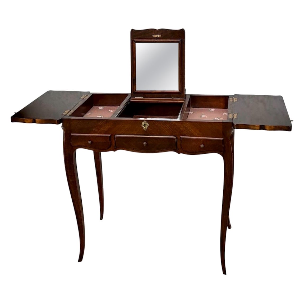 Tavolo da vanità francese Luigi XV dei primi del Novecento con specchio e foglie laterali a scomparsa