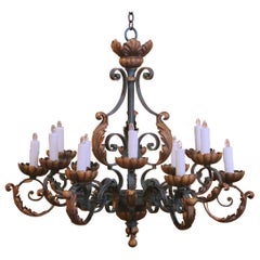 Early 20th Century French Louis XV Verdigris and Gilt 12-Light Iron Chandelier
