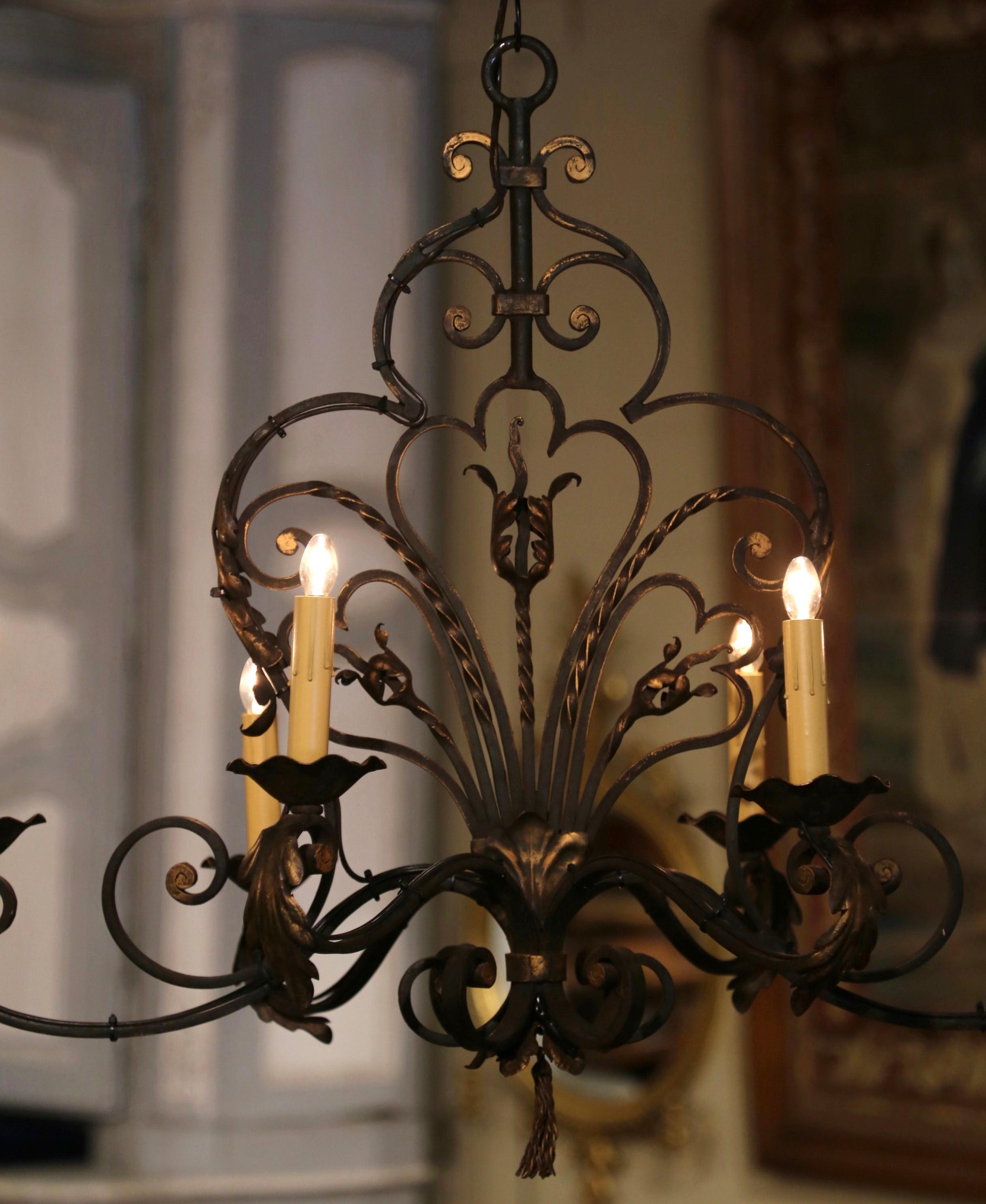 Early 20th Century French Louis XV Verdigris and Gilt Six-Light Iron Chandelier 6