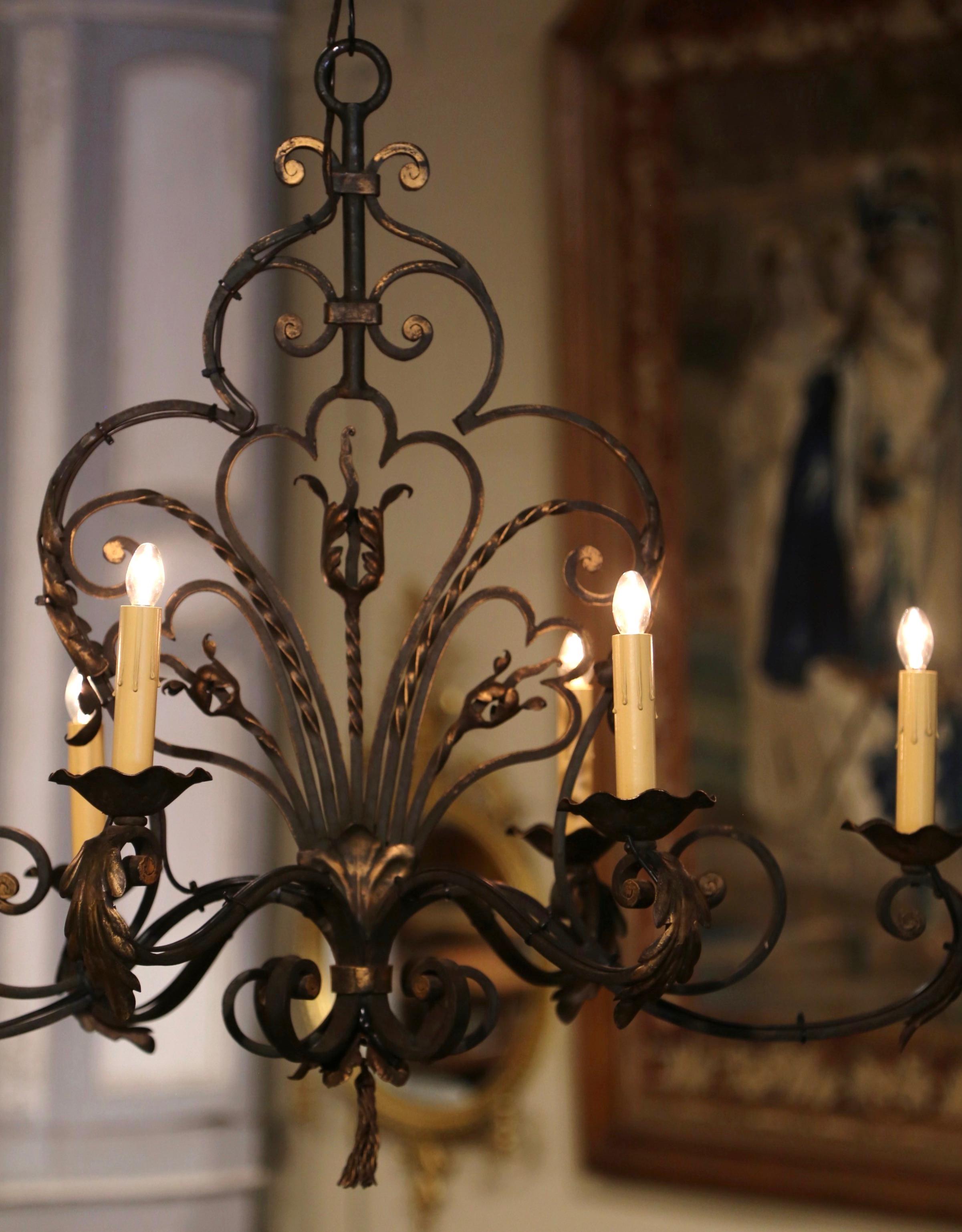 Early 20th Century French Louis XV Verdigris and Gilt Six-Light Iron Chandelier 7