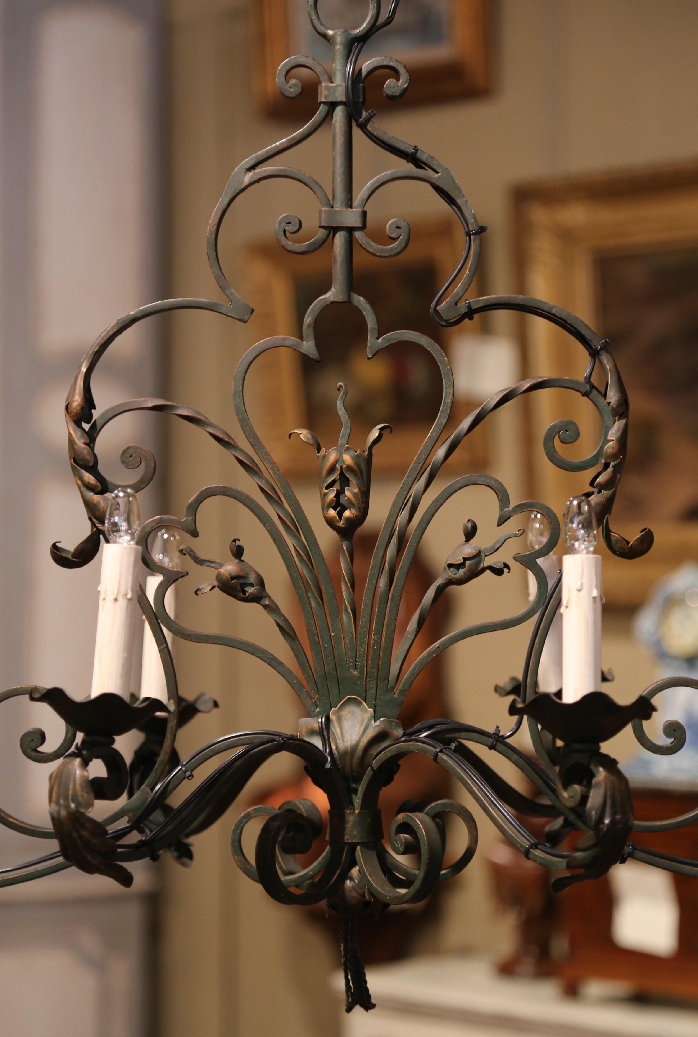 Hand-Crafted Early 20th Century French Louis XV Verdigris and Gilt Six-Light Iron Chandelier