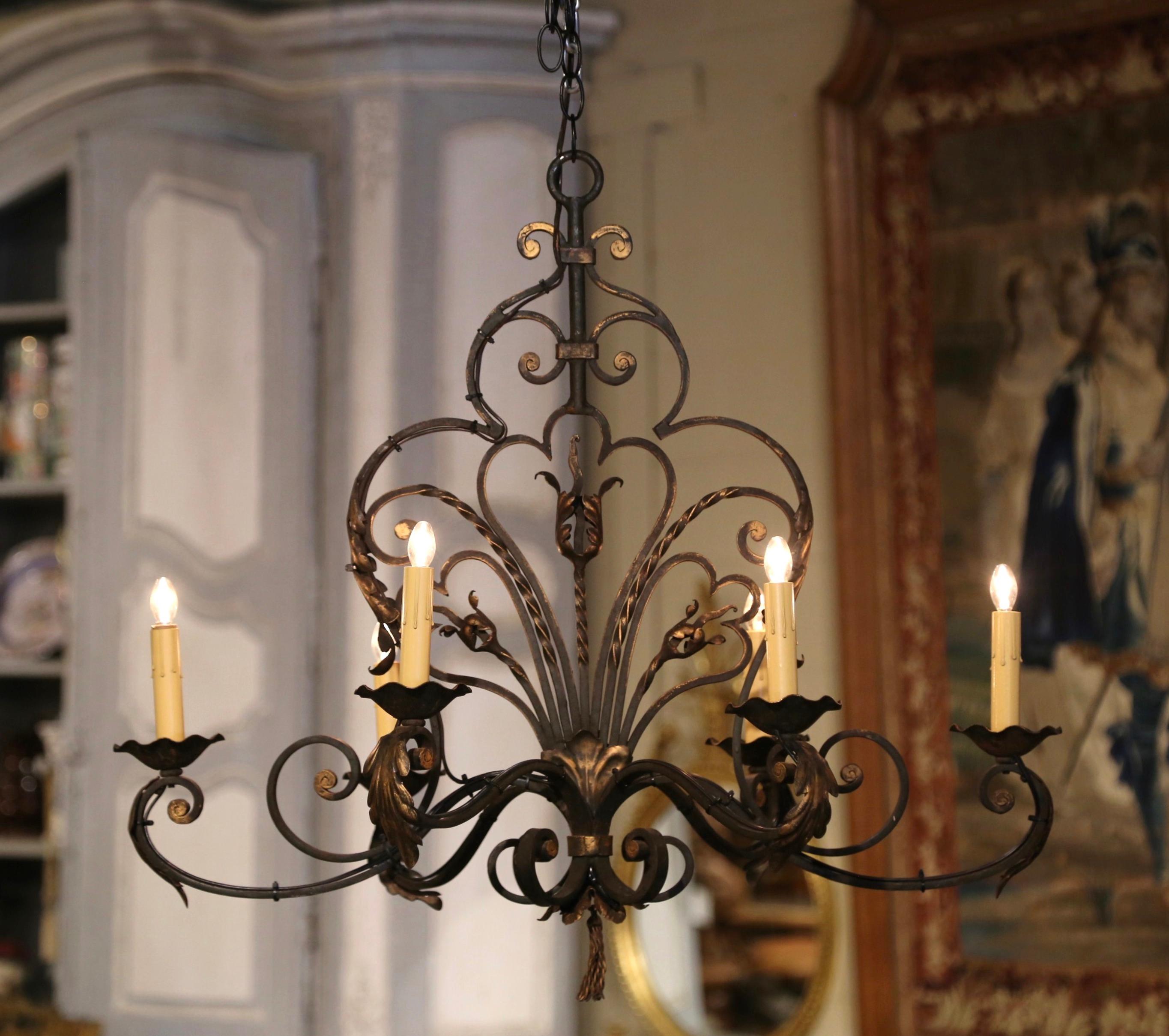 Hand-Crafted Early 20th Century French Louis XV Verdigris and Gilt Six-Light Iron Chandelier