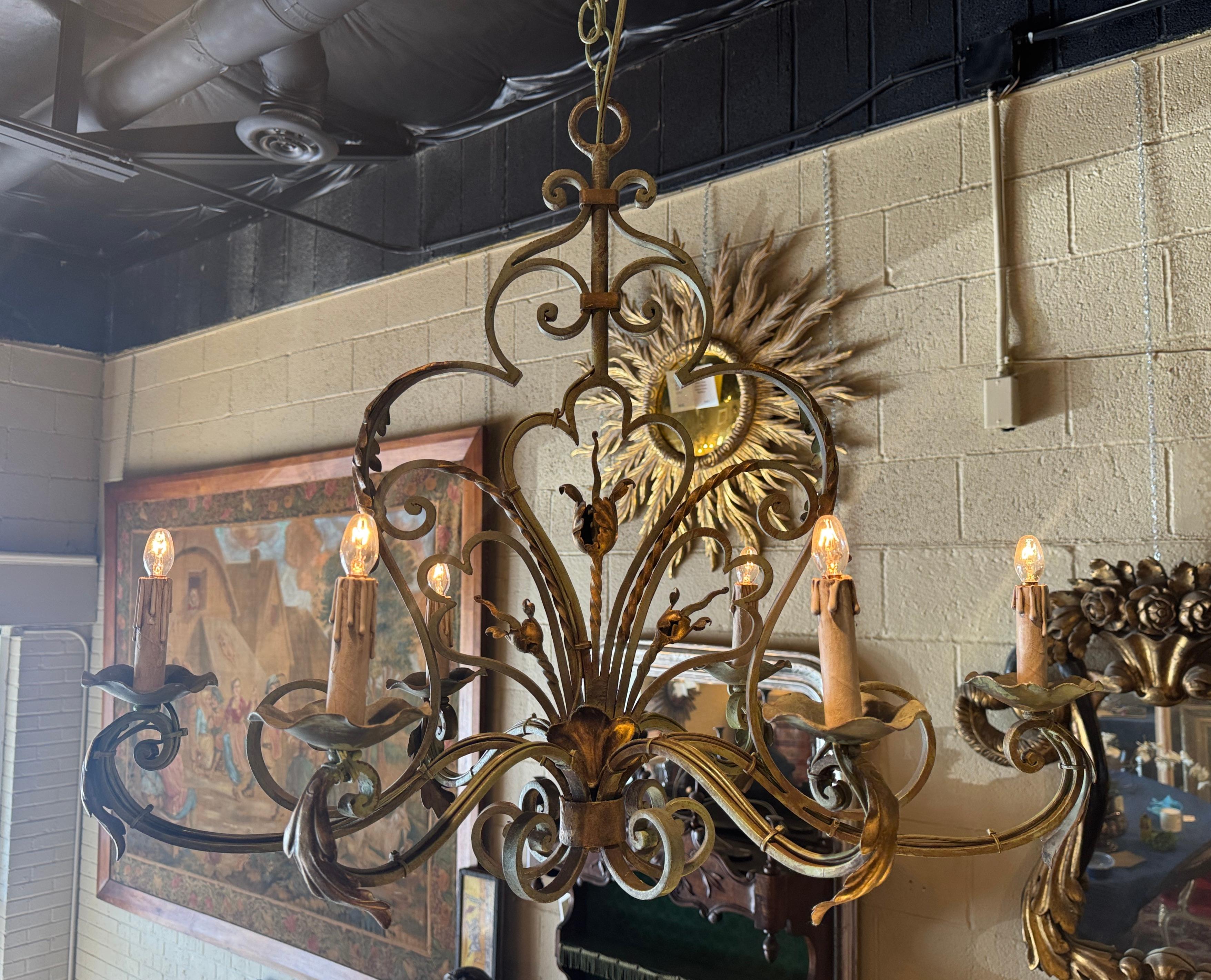 Hand-Crafted Early 20th Century French Louis XV Verdigris and Gilt Six-Light Iron Chandelier