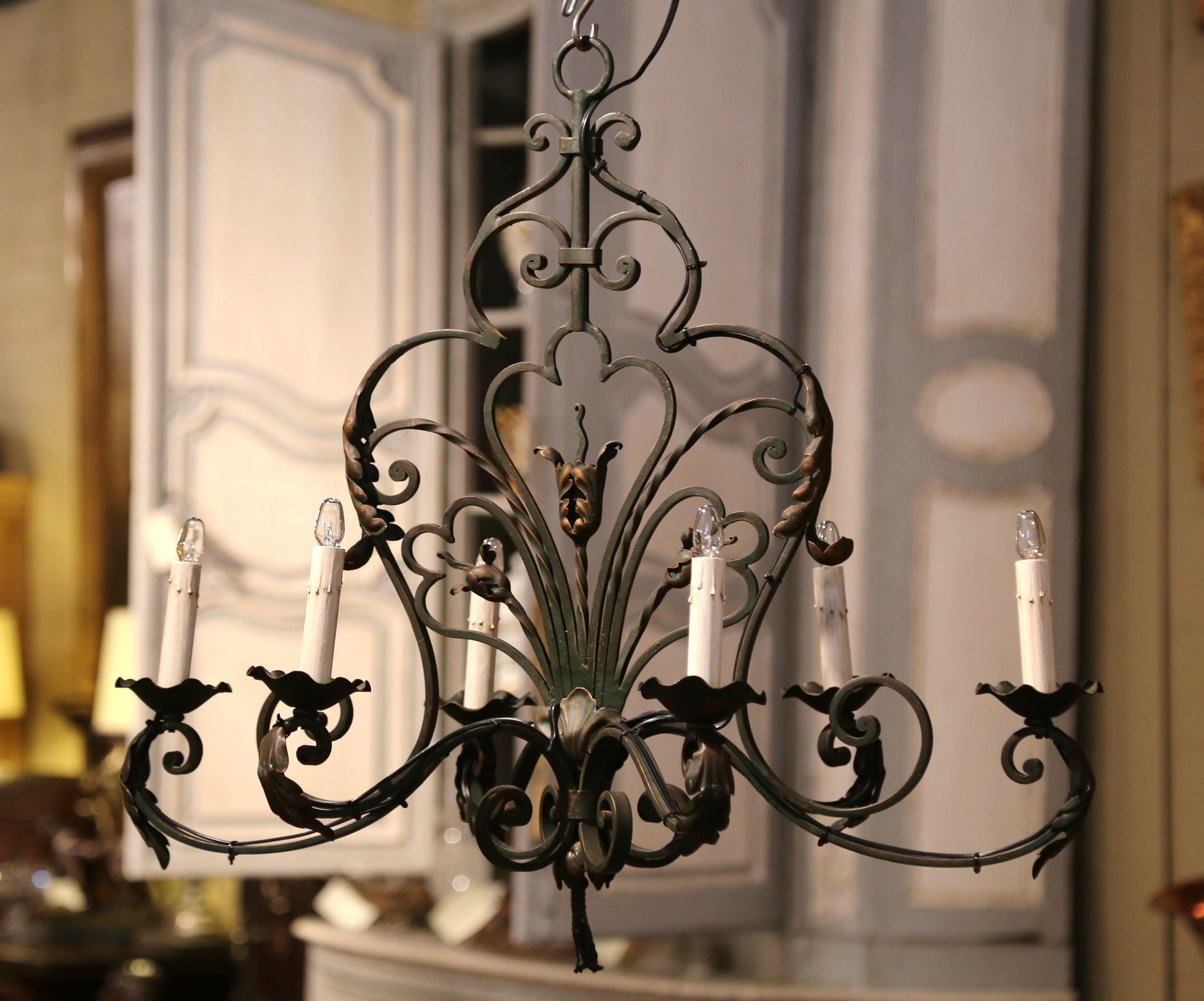 Early 20th Century French Louis XV Verdigris and Gilt Six-Light Iron Chandelier In Excellent Condition In Dallas, TX