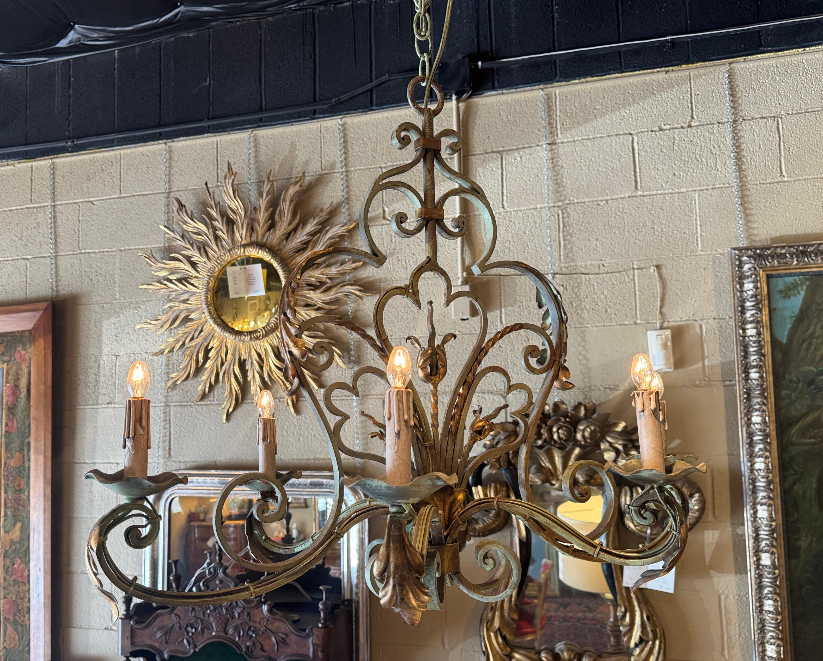 Early 20th Century French Louis XV Verdigris and Gilt Six-Light Iron Chandelier In Excellent Condition In Dallas, TX