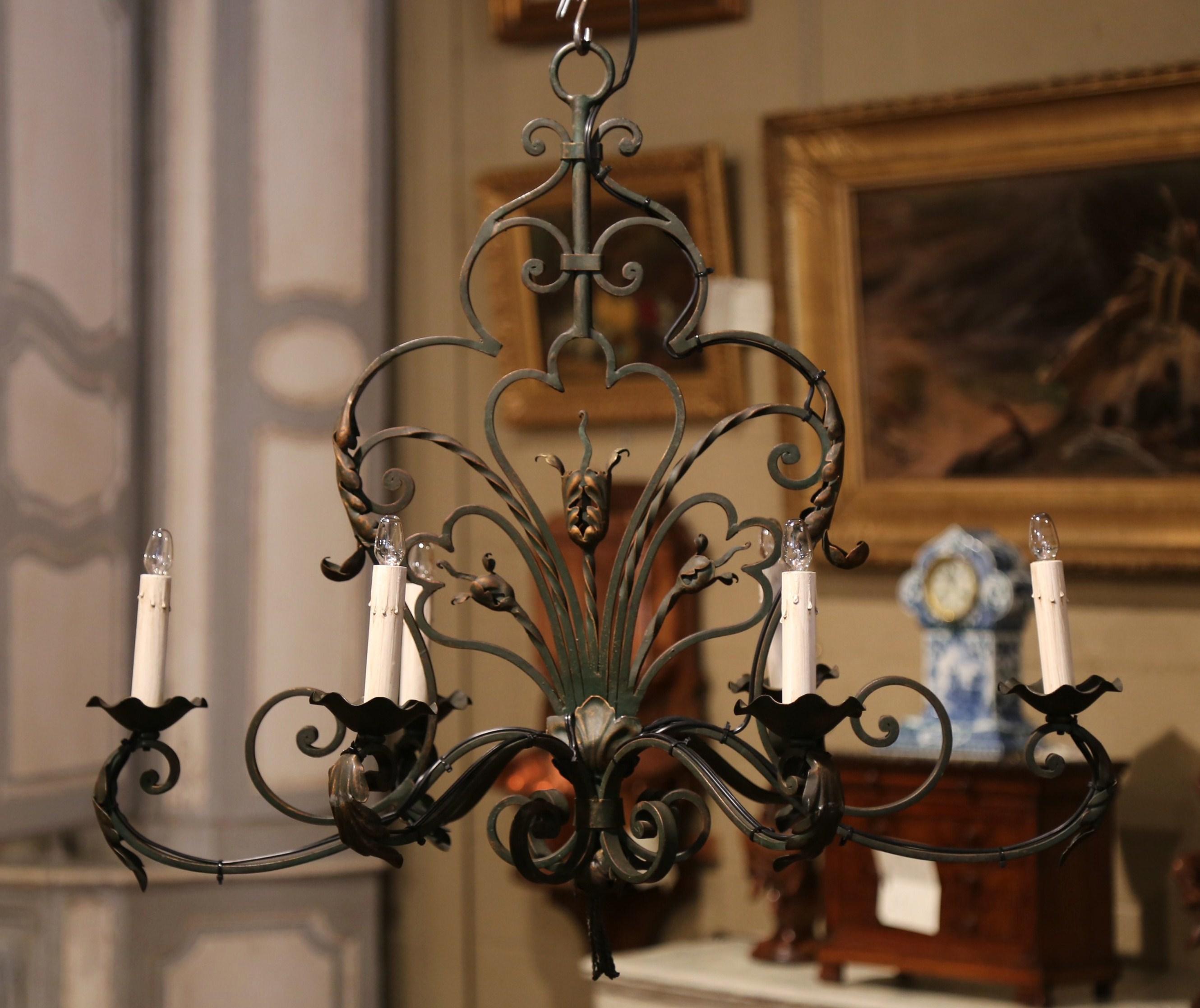 Early 20th Century French Louis XV Verdigris and Gilt Six-Light Iron Chandelier 1