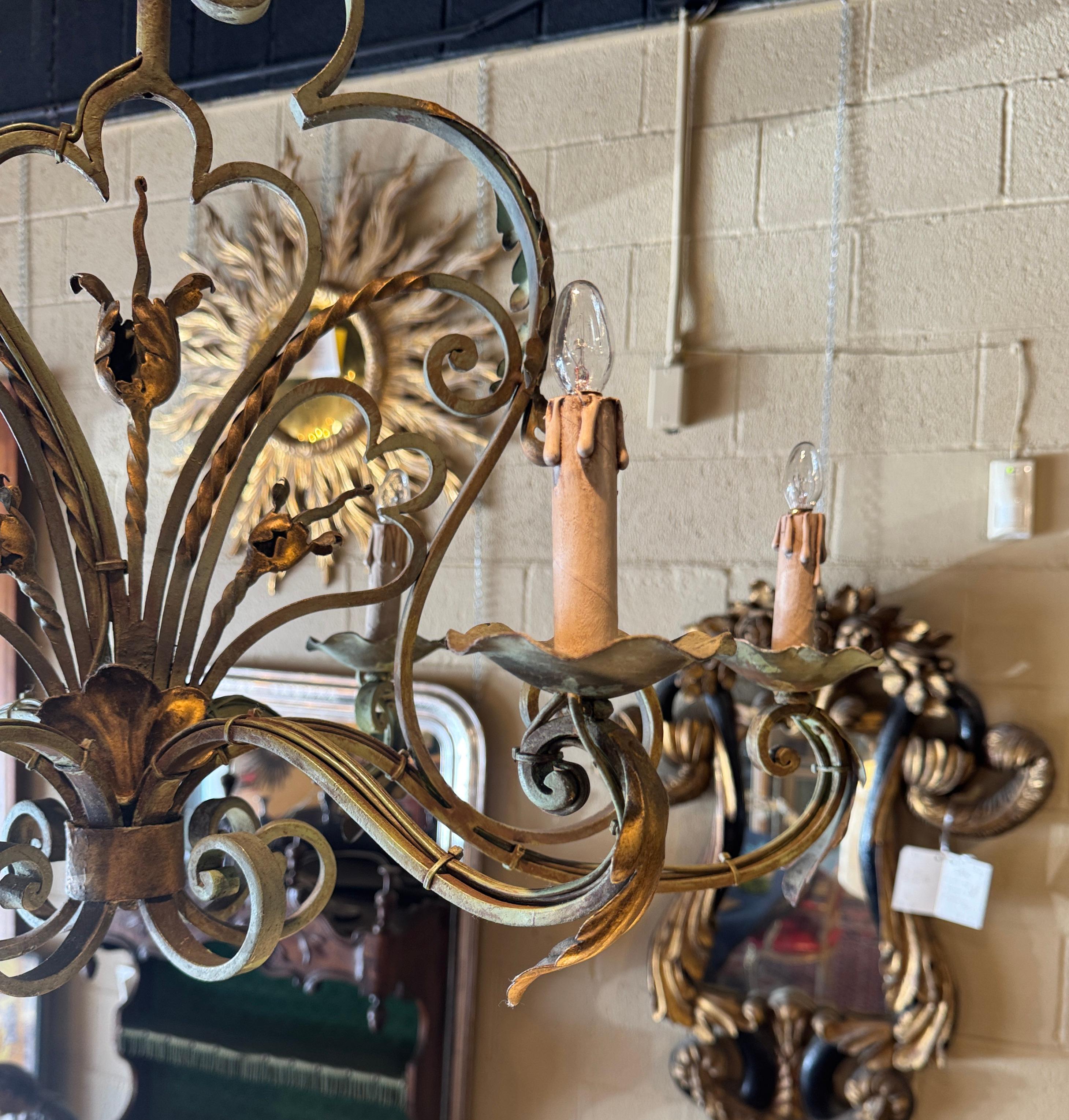 Early 20th Century French Louis XV Verdigris and Gilt Six-Light Iron Chandelier 1