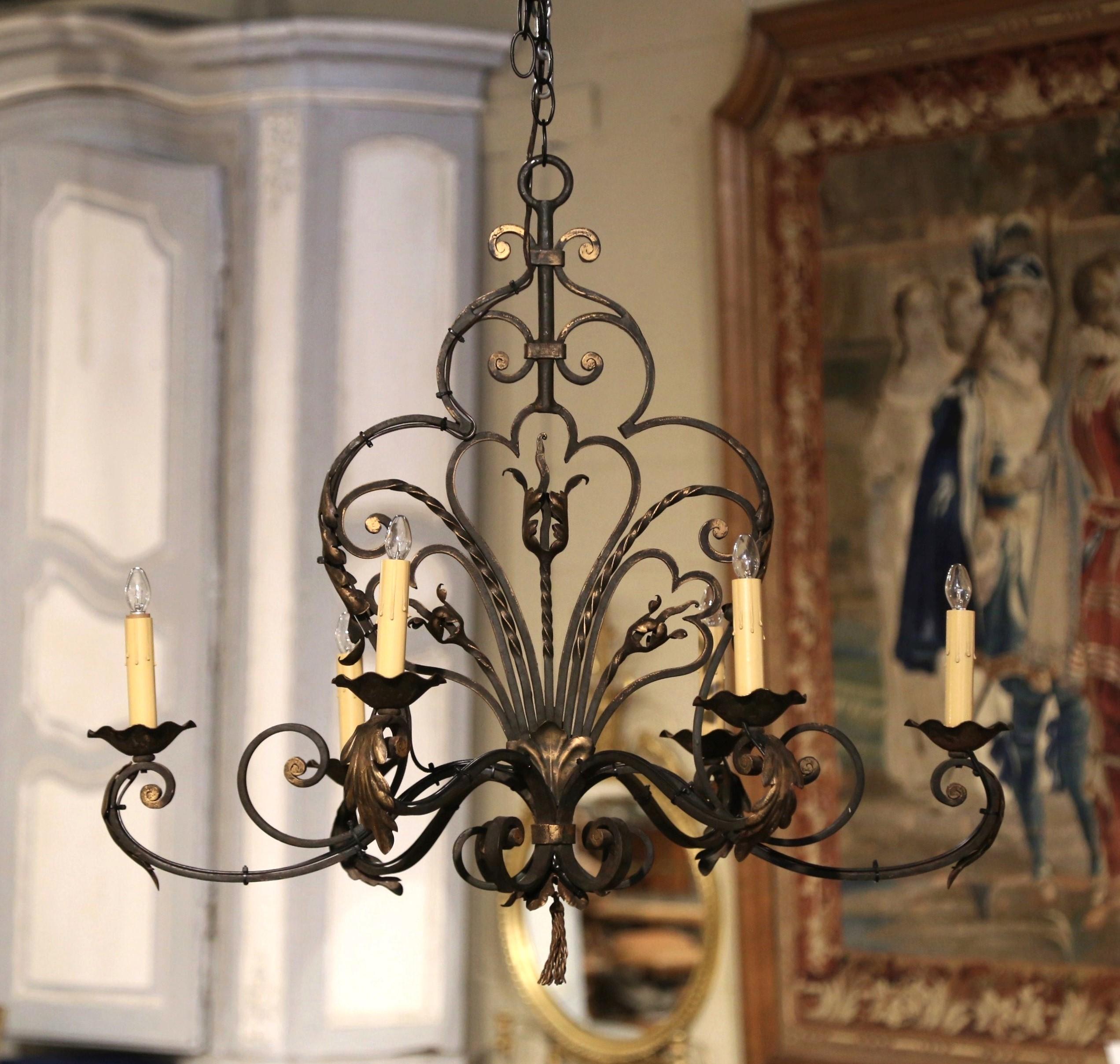 Early 20th Century French Louis XV Verdigris and Gilt Six-Light Iron Chandelier 2