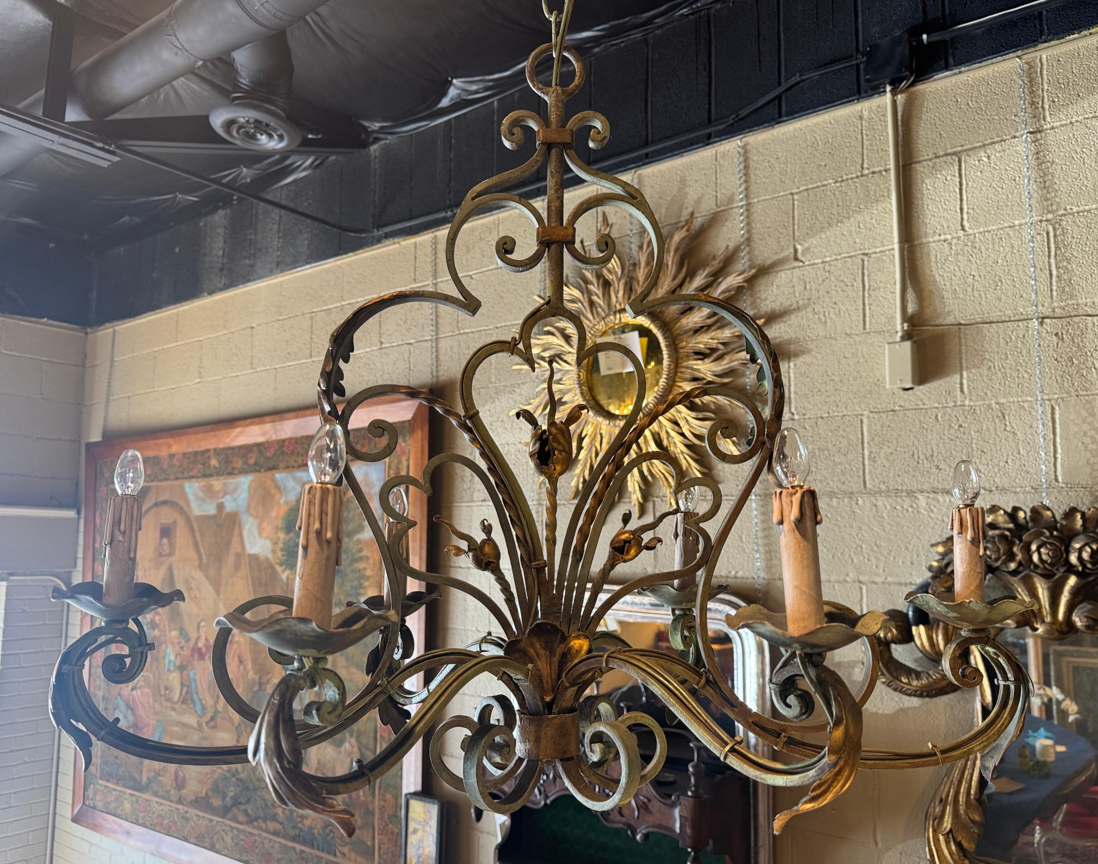 Early 20th Century French Louis XV Verdigris and Gilt Six-Light Iron Chandelier 2