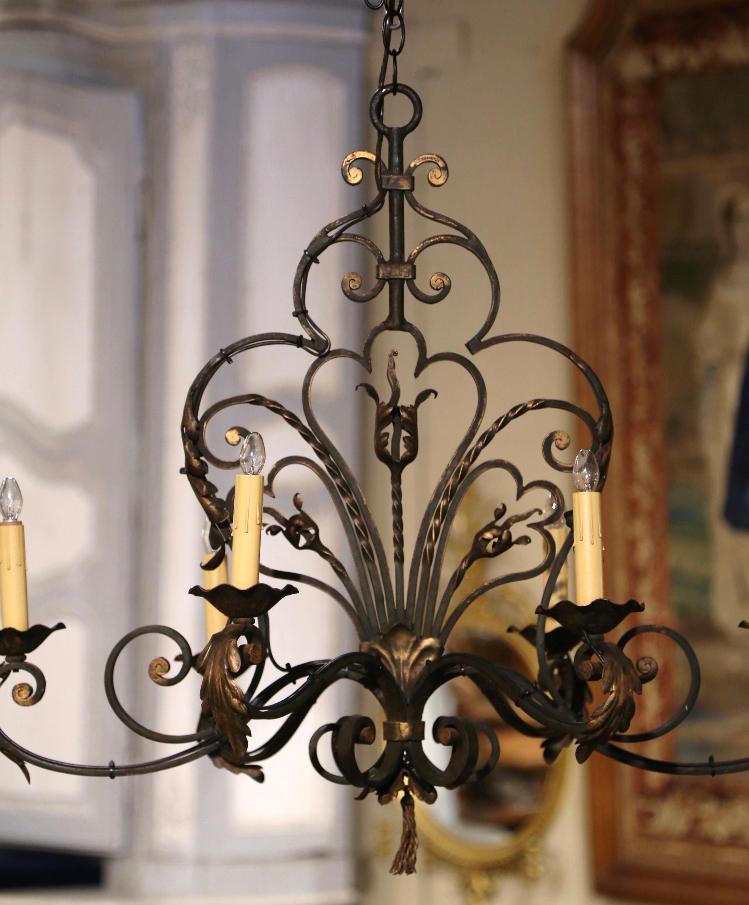 Early 20th Century French Louis XV Verdigris and Gilt Six-Light Iron Chandelier 3
