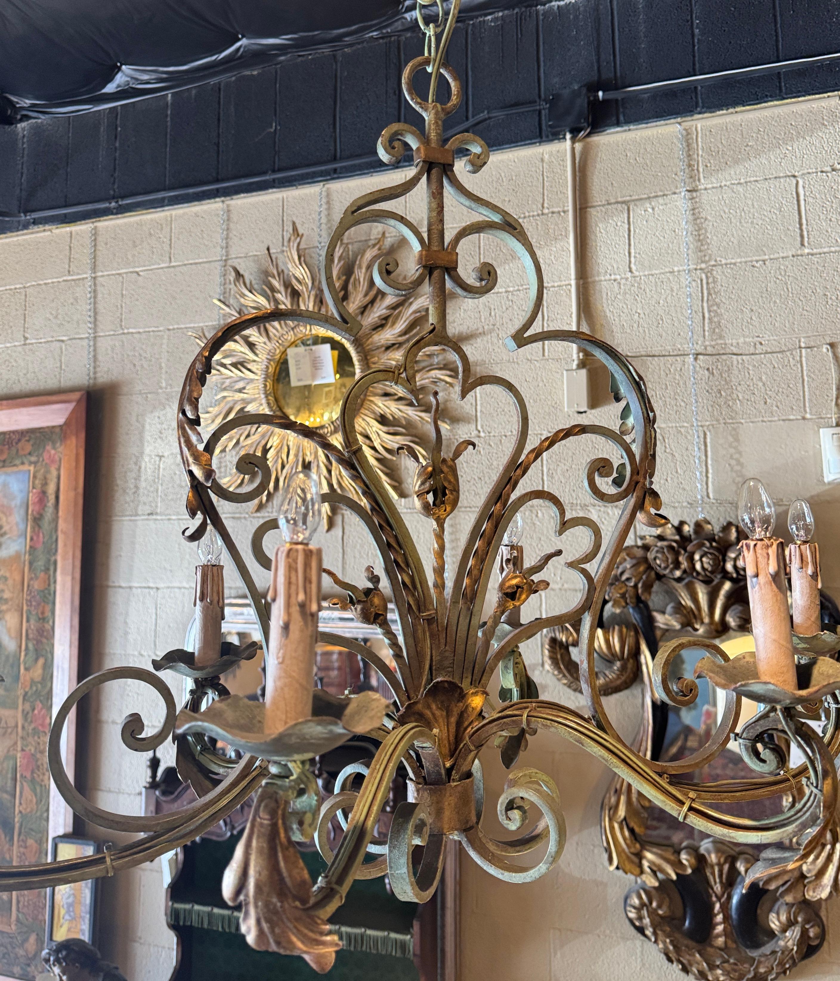 Early 20th Century French Louis XV Verdigris and Gilt Six-Light Iron Chandelier 3