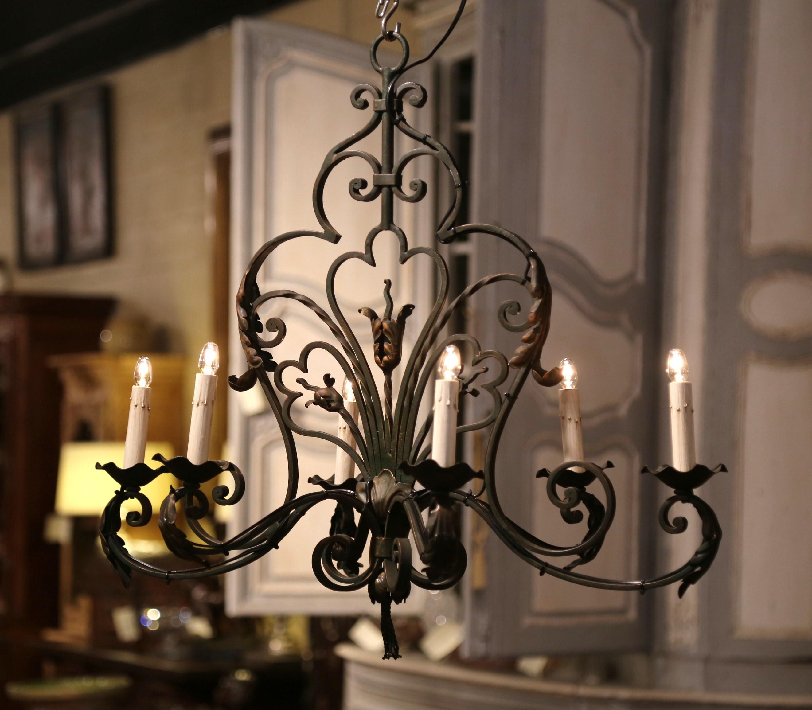 Early 20th Century French Louis XV Verdigris and Gilt Six-Light Iron Chandelier 4