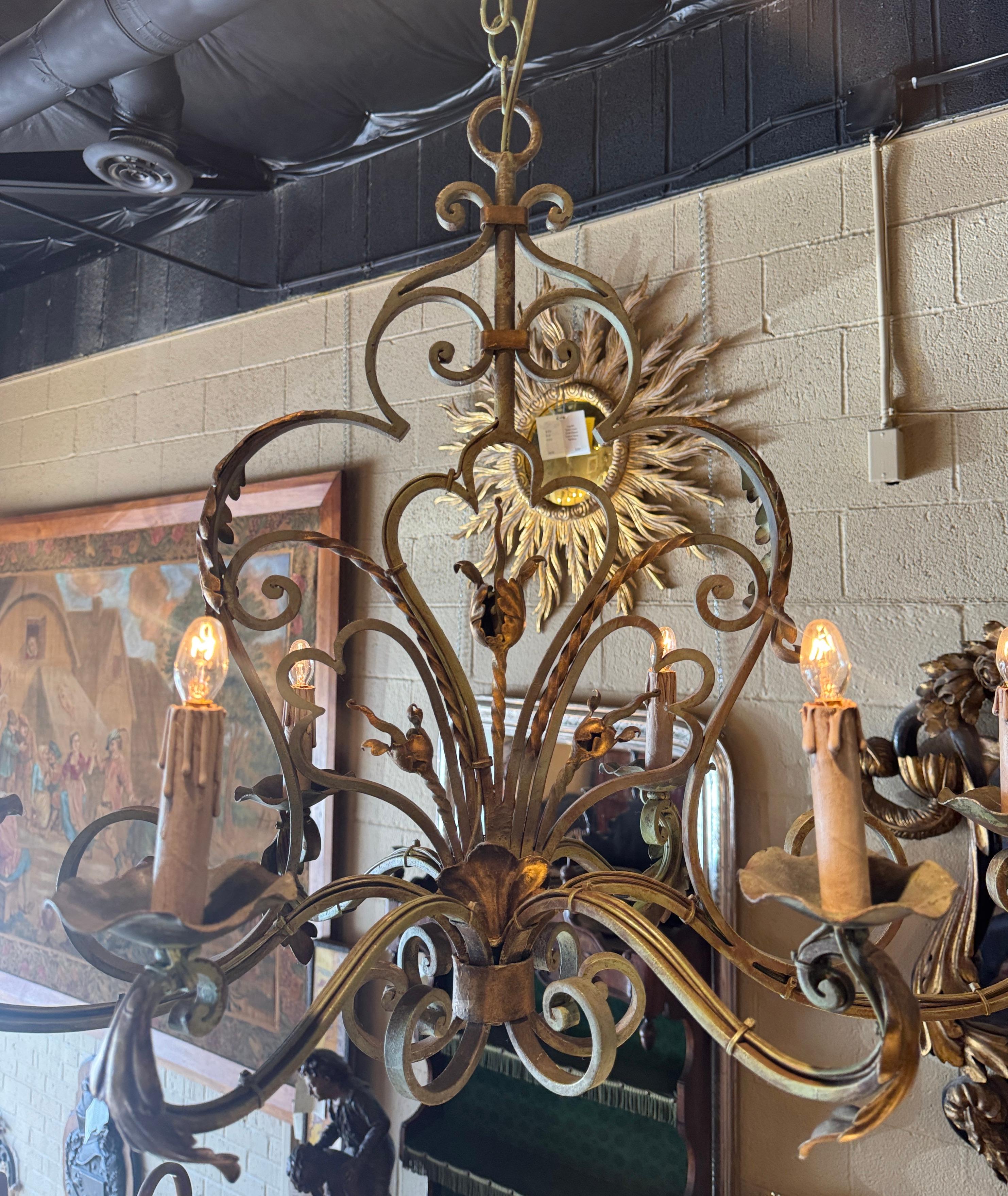 Early 20th Century French Louis XV Verdigris and Gilt Six-Light Iron Chandelier 4
