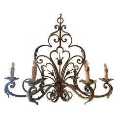 Early 20th Century French Louis XV Verdigris and Gilt Six-Light Iron Chandelier
